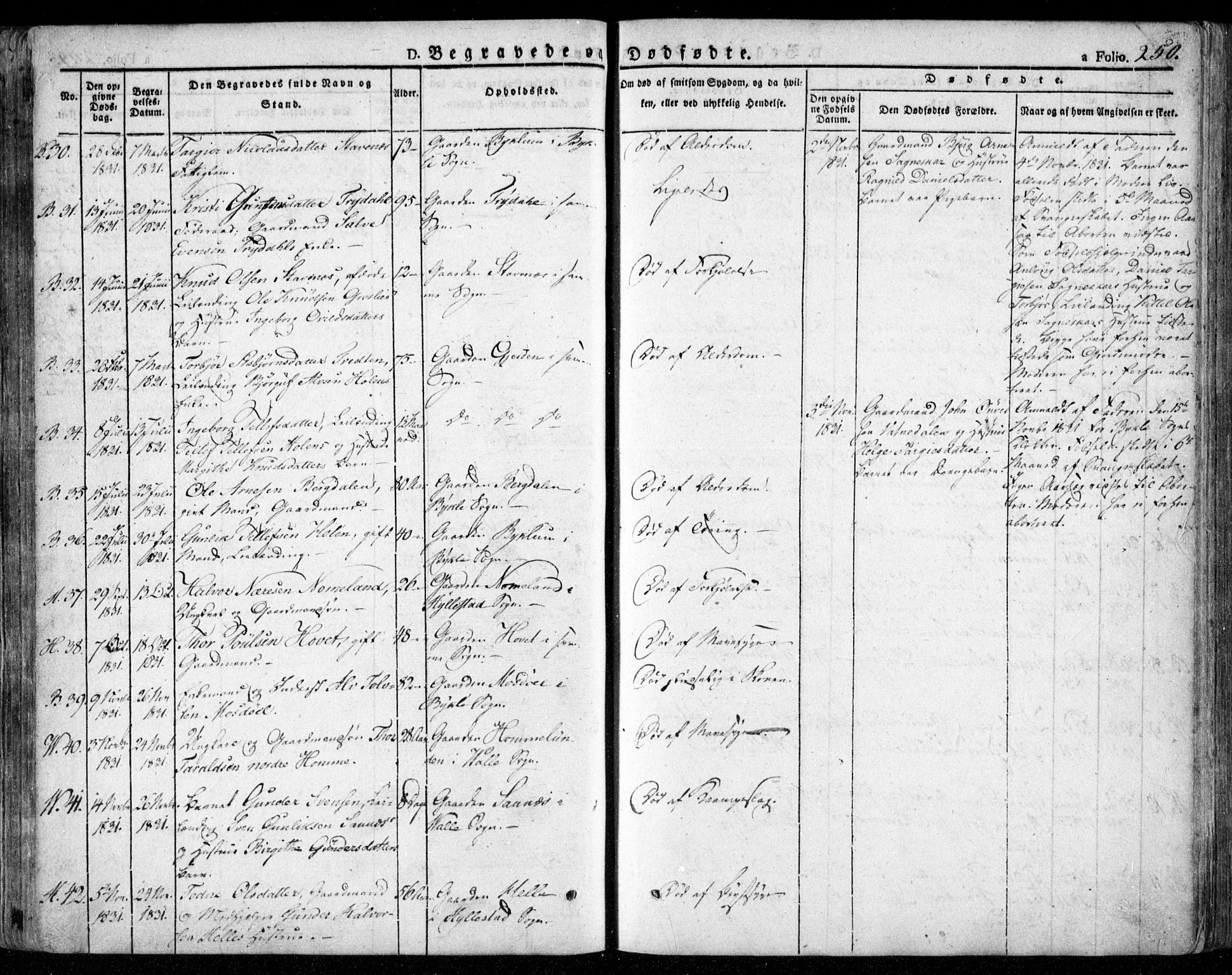 Valle sokneprestkontor, AV/SAK-1111-0044/F/Fa/Fac/L0006: Parish register (official) no. A 6, 1831-1853, p. 250