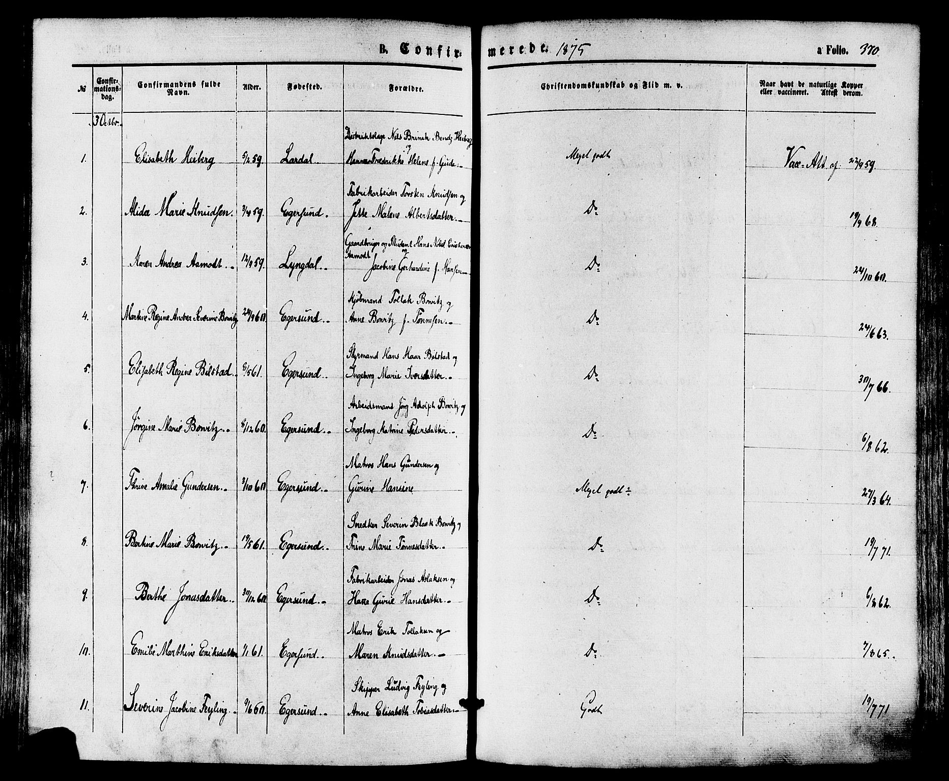 Eigersund sokneprestkontor, AV/SAST-A-101807/001/30/30BA/L0014: Parish register (official) no. A 13, 1866-1878, p. 370