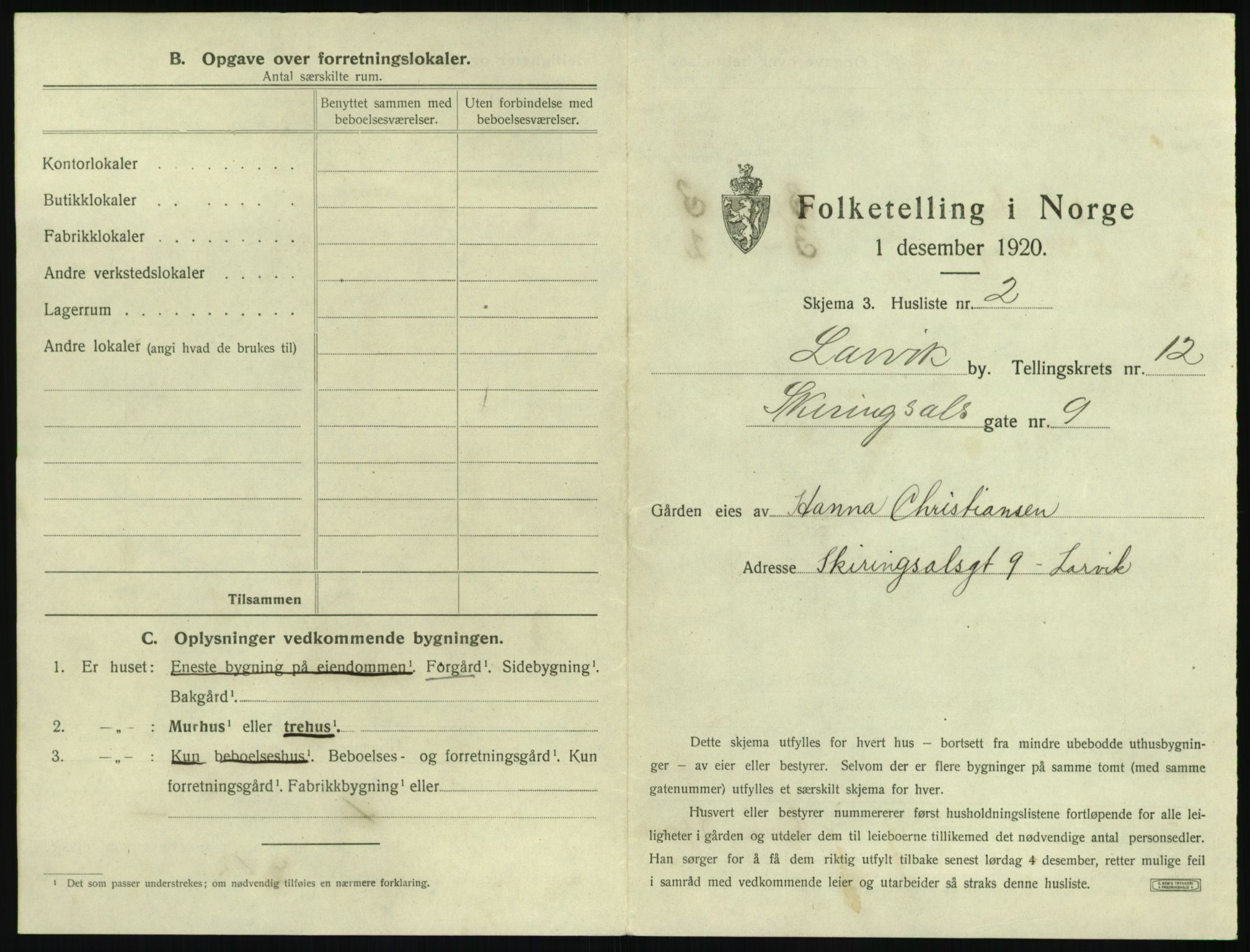 SAKO, 1920 census for Larvik, 1920, p. 2852