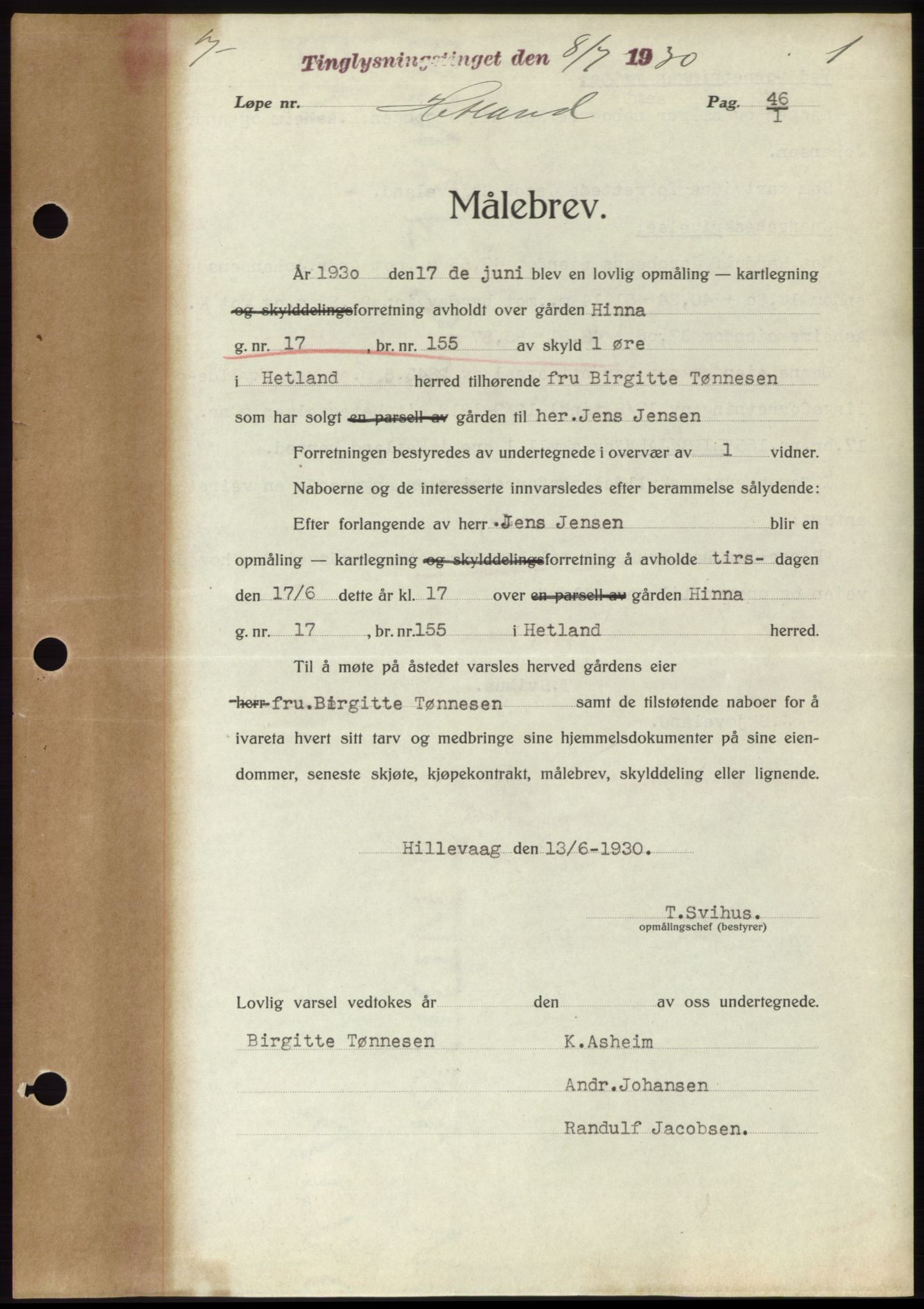 Jæren sorenskriveri, AV/SAST-A-100310/03/G/Gba/L0058: Mortgage book no. 53, 55, 1930-1931, Deed date: 08.07.1930