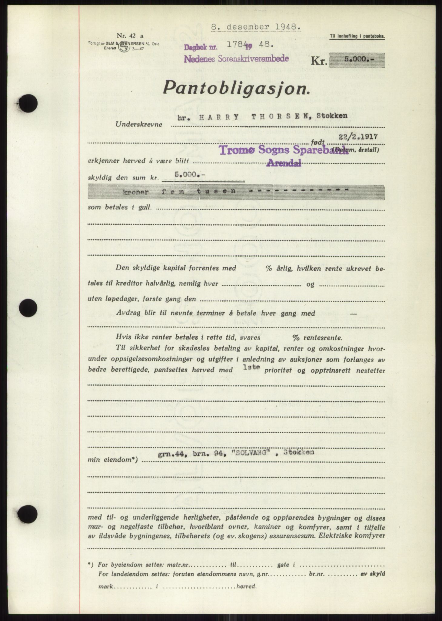 Nedenes sorenskriveri, SAK/1221-0006/G/Gb/Gbb/L0006: Mortgage book no. B6, 1948-1949, Diary no: : 1784/1948