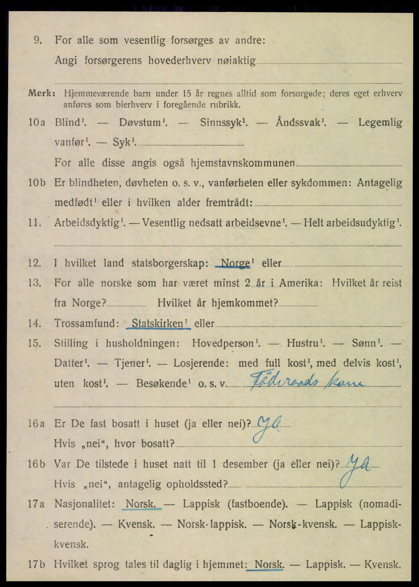 SAT, 1920 census for Korgen, 1920, p. 909