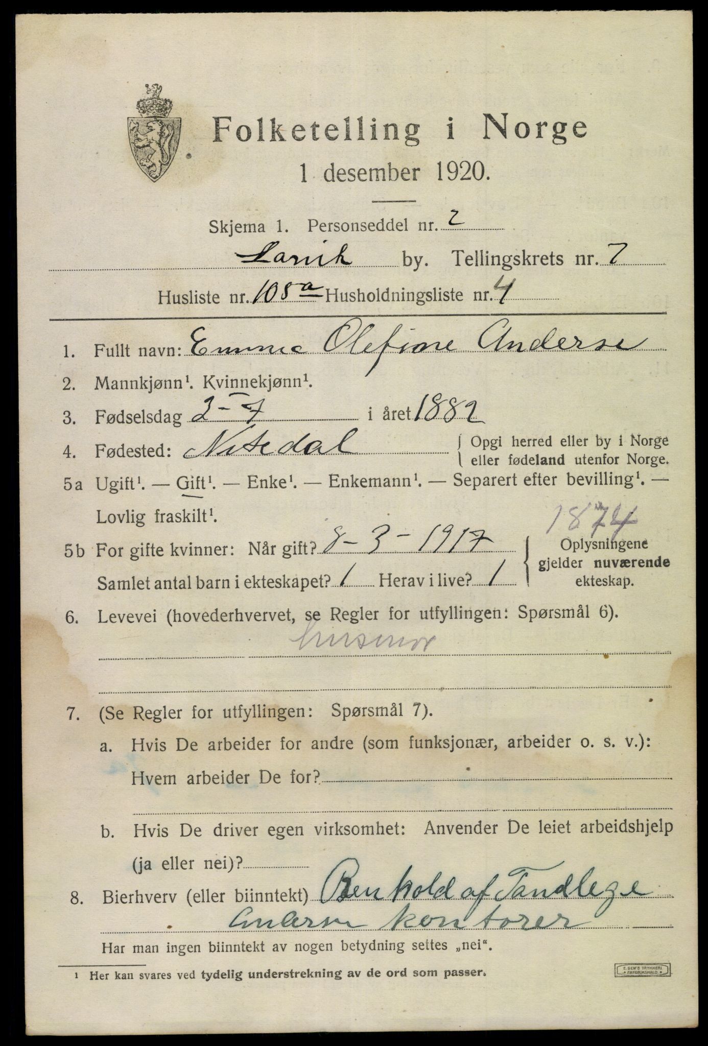 SAKO, 1920 census for Larvik, 1920, p. 22542