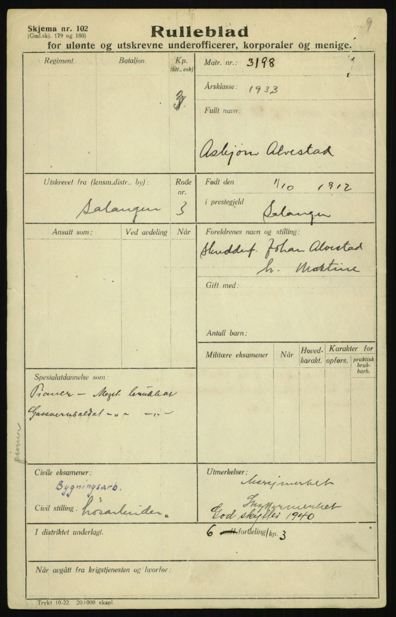 Forsvaret, Troms infanteriregiment nr. 16, AV/RA-RAFA-3146/P/Pa/L0017: Rulleblad for regimentets menige mannskaper, årsklasse 1933, 1933, p. 5