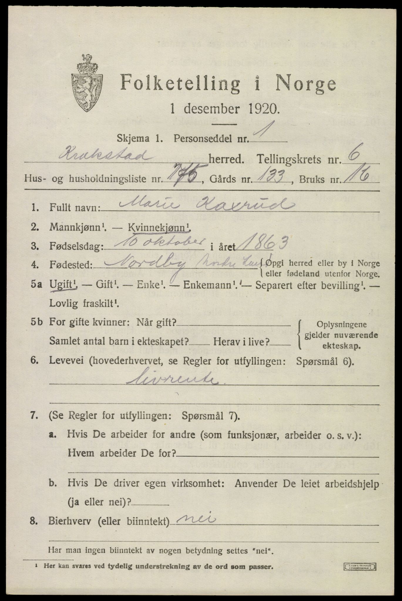 SAO, 1920 census for Kråkstad, 1920, p. 6883