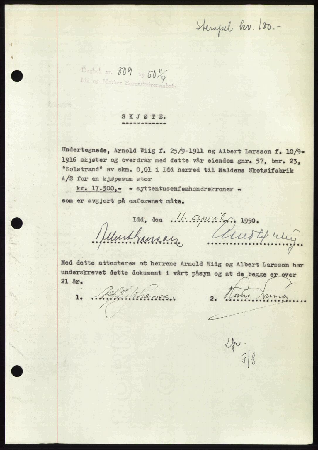 Idd og Marker sorenskriveri, AV/SAO-A-10283/G/Gb/Gbb/L0014: Mortgage book no. A14, 1950-1950, Diary no: : 809/1950