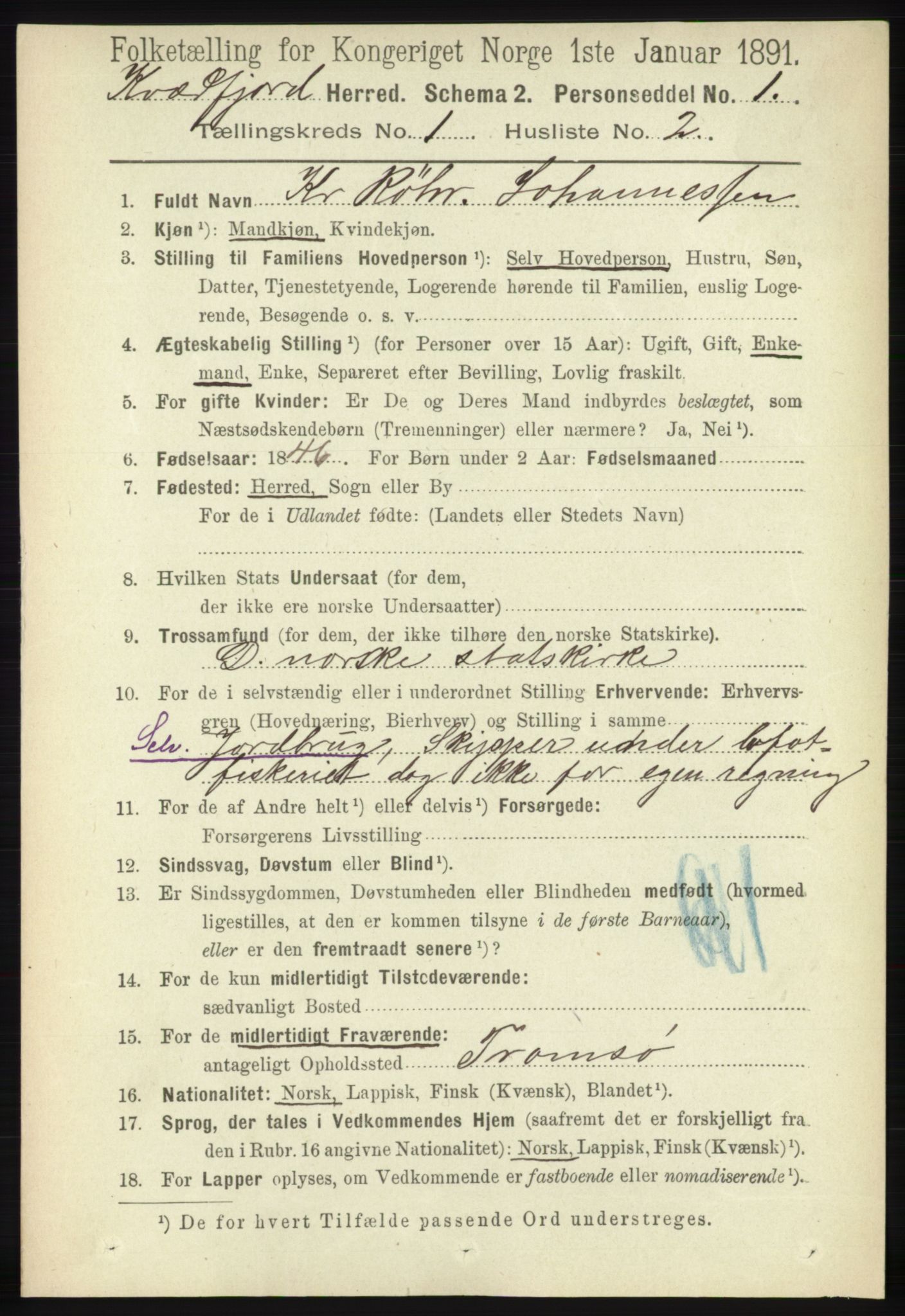 RA, 1891 census for 1911 Kvæfjord, 1891, p. 100