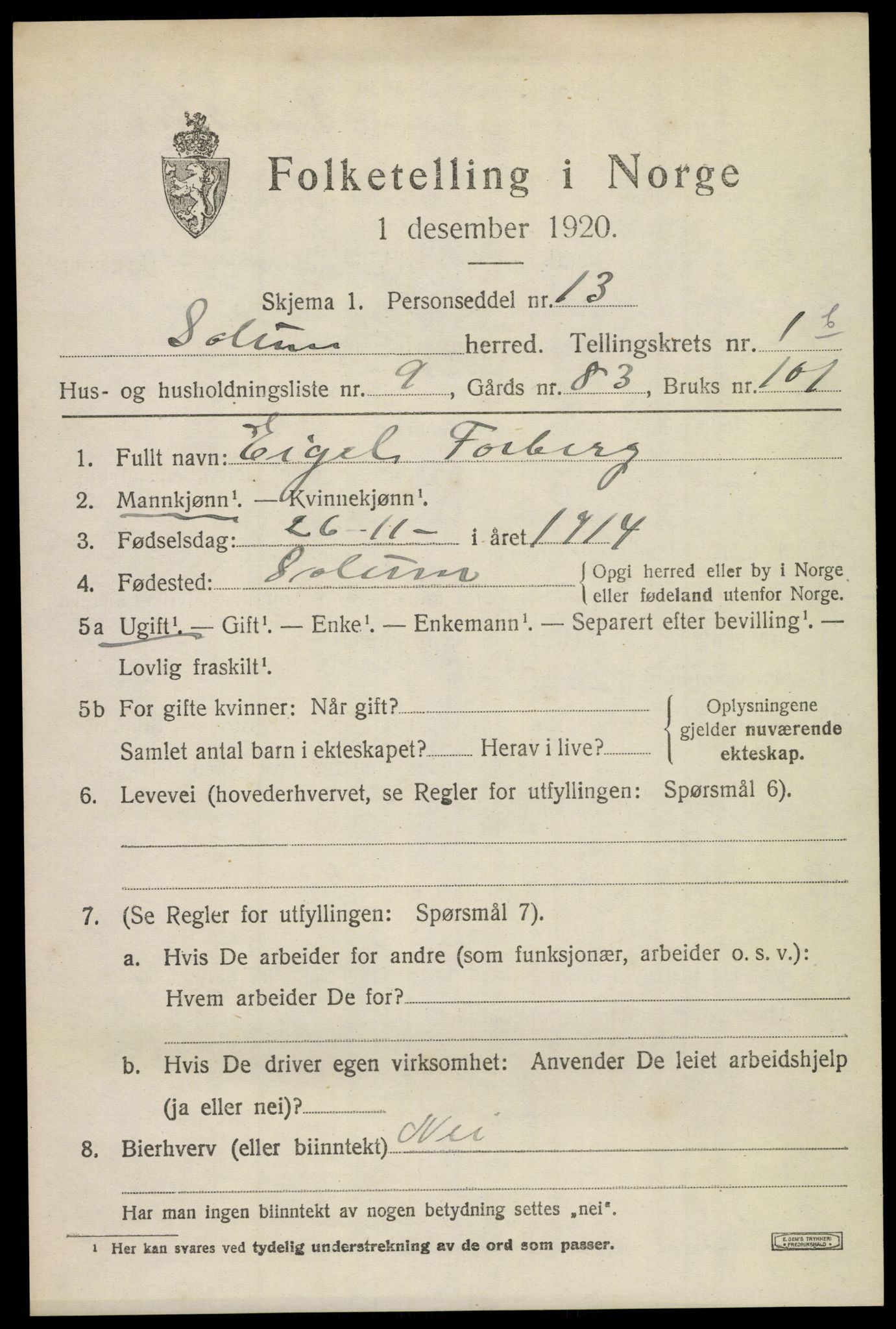 SAKO, 1920 census for Solum, 1920, p. 4262