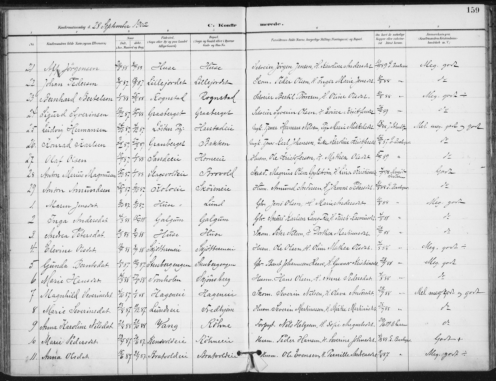 Romedal prestekontor, AV/SAH-PREST-004/K/L0011: Parish register (official) no. 11, 1896-1912, p. 159