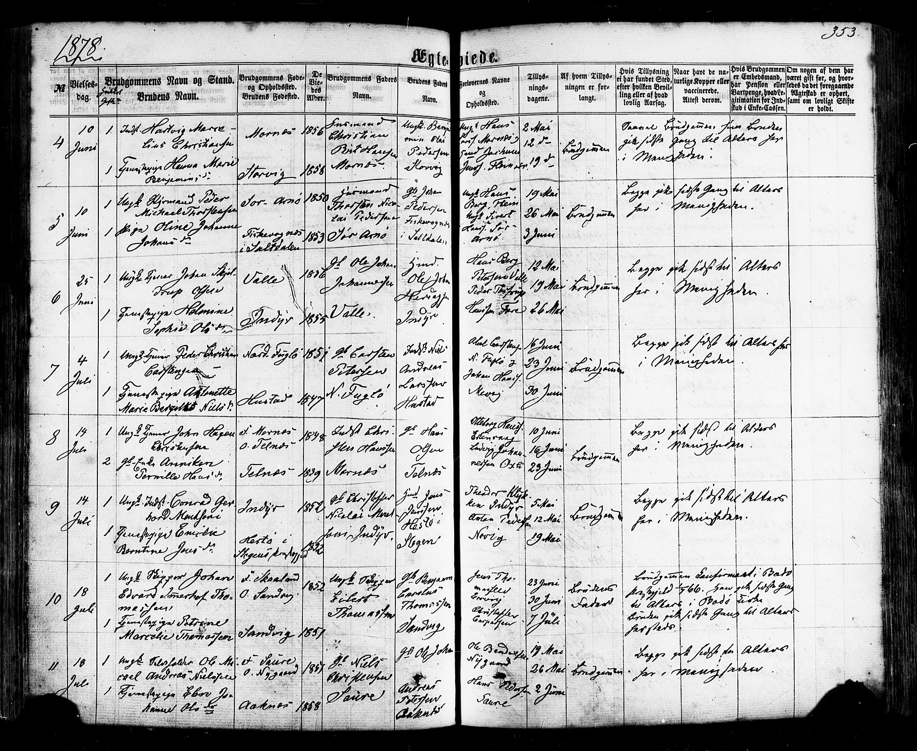 Ministerialprotokoller, klokkerbøker og fødselsregistre - Nordland, AV/SAT-A-1459/805/L0098: Parish register (official) no. 805A05, 1862-1879, p. 353