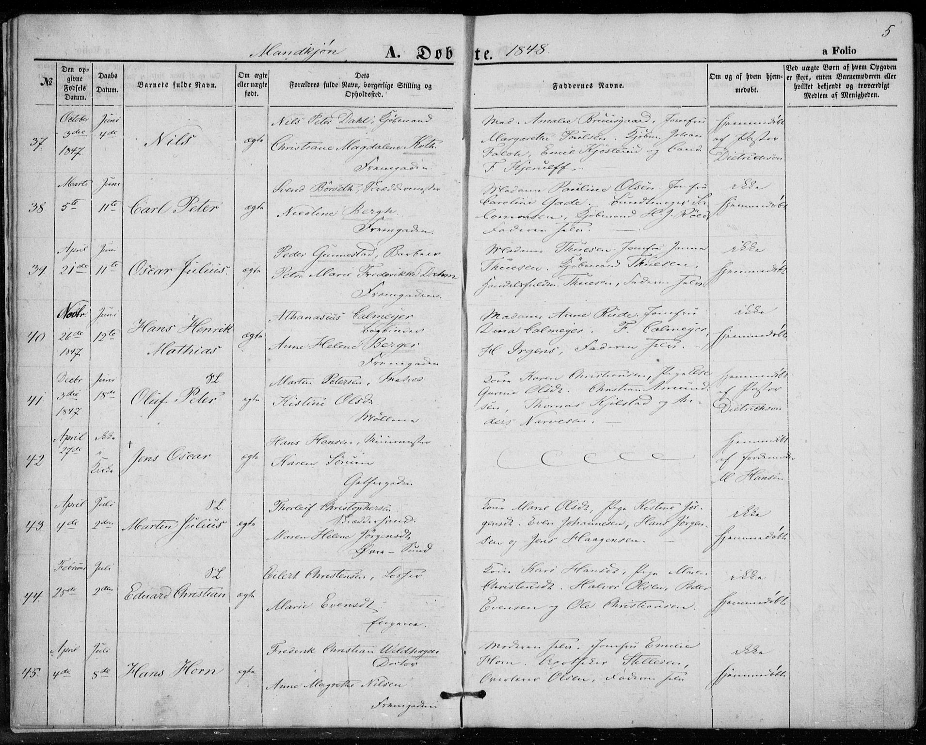 Bragernes kirkebøker, AV/SAKO-A-6/F/Fb/L0002: Parish register (official) no. II 2, 1848-1859, p. 5