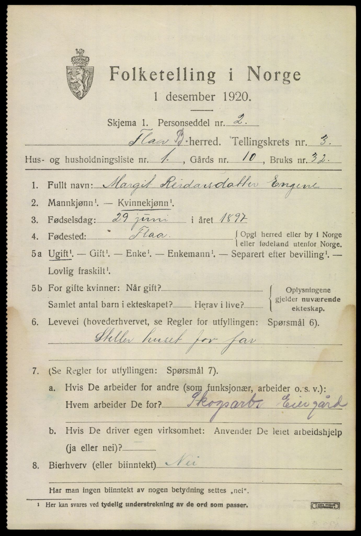 SAKO, 1920 census for Flå, 1920, p. 2045