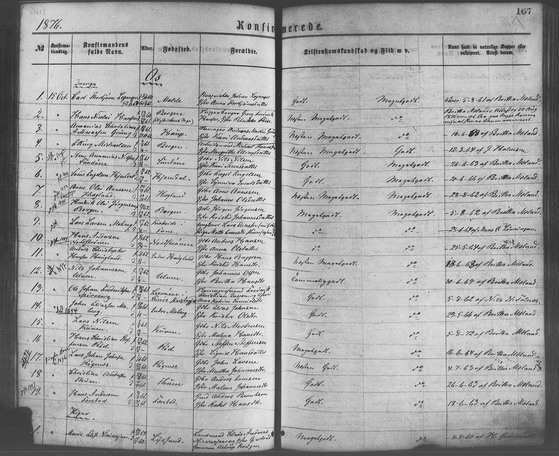 Os sokneprestembete, SAB/A-99929: Parish register (official) no. A 18, 1874-1884, p. 167