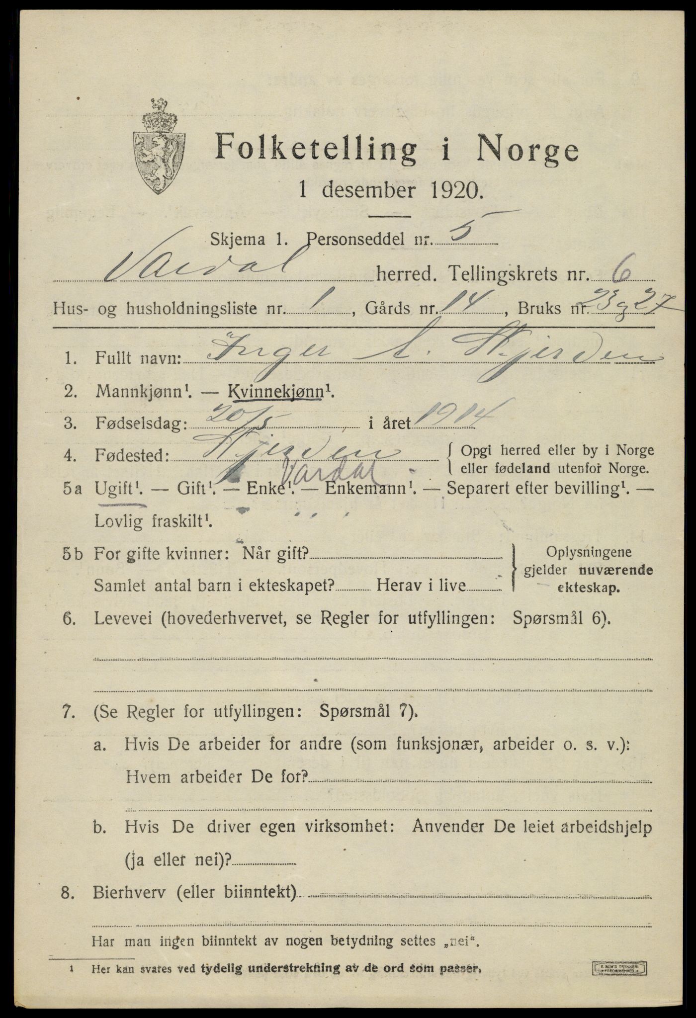 SAH, 1920 census for Vardal, 1920, p. 3871