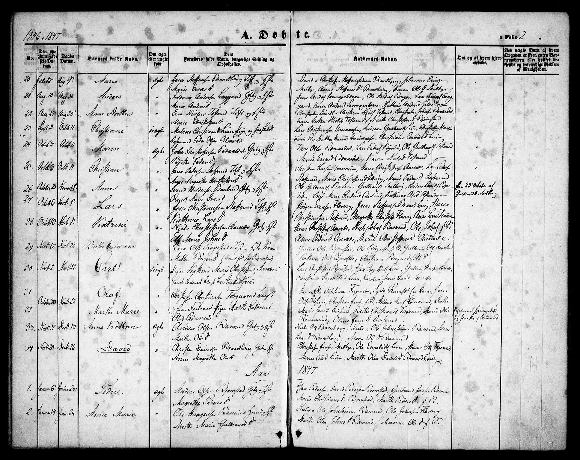 Hurdal prestekontor Kirkebøker, AV/SAO-A-10889/F/Fb/L0001: Parish register (official) no. II 1, 1846-1859, p. 2