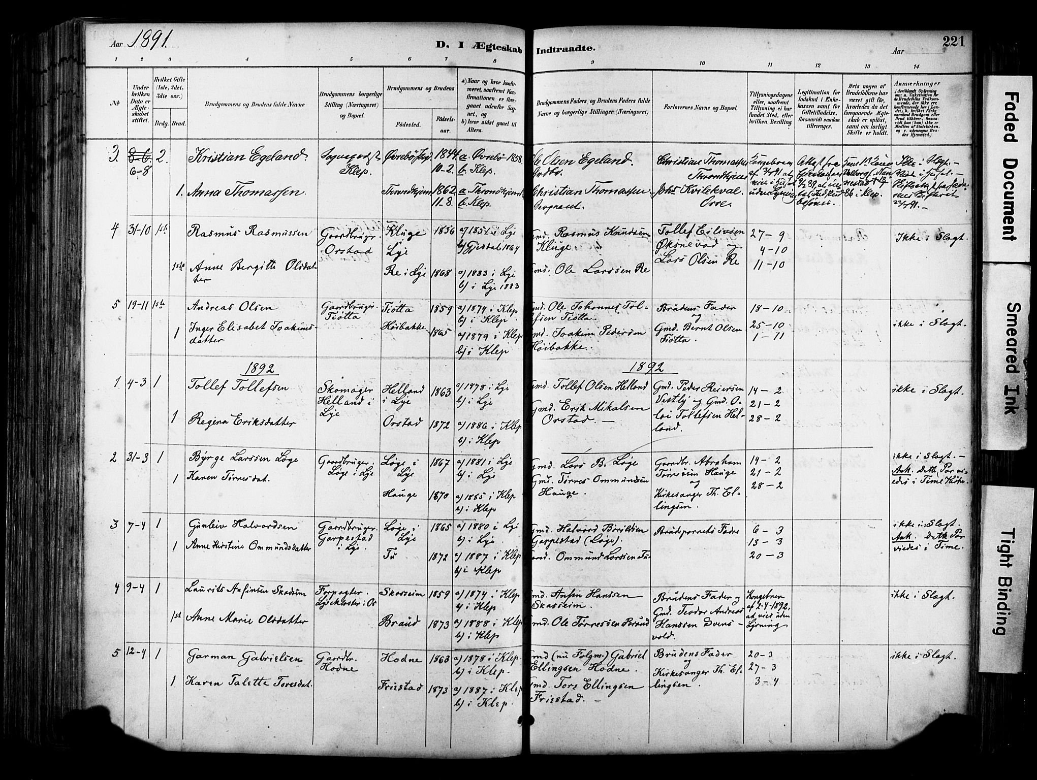 Klepp sokneprestkontor, SAST/A-101803/001/3/30BA/L0009: Parish register (official) no. A 7, 1886-1915, p. 221