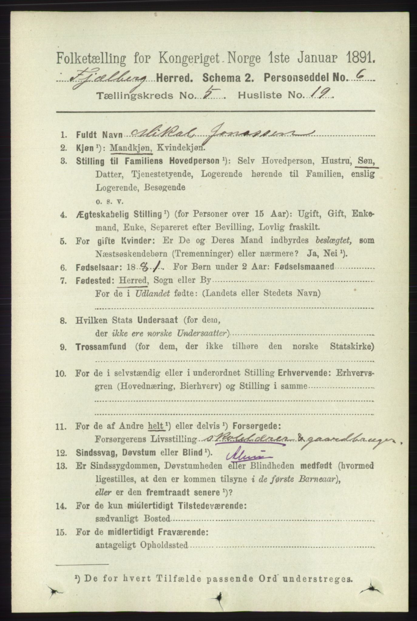 RA, 1891 census for 1213 Fjelberg, 1891, p. 1588