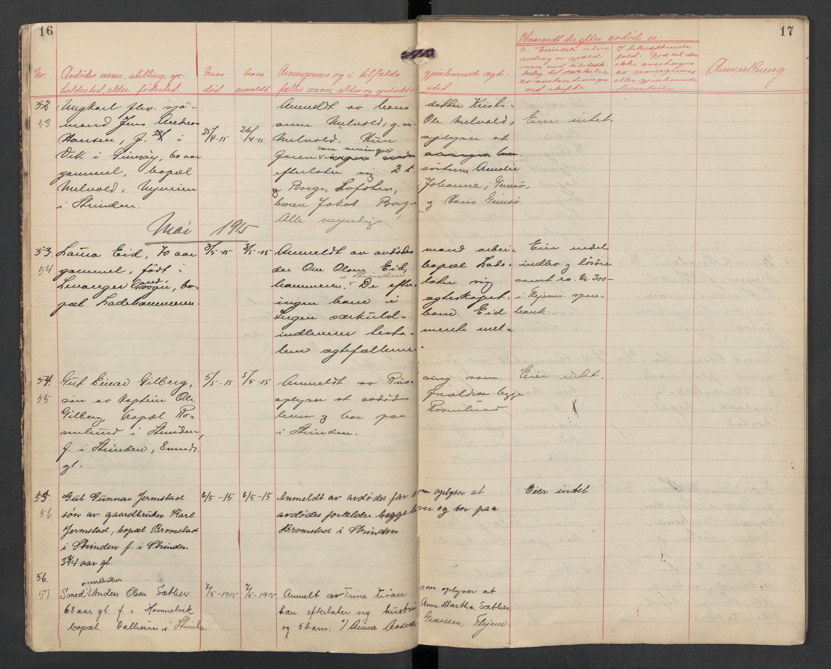 Strinda lensmannskontor, AV/SAT-A-1083/1/02/L0002: 2.01.02 Dødsfallsprotokoll, 1915-1918, p. 16-17