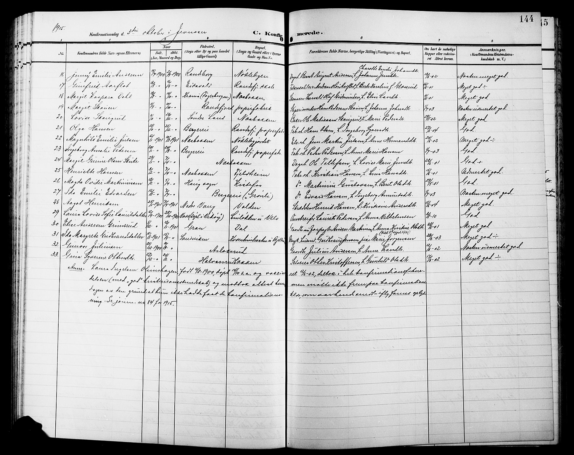 Jevnaker prestekontor, SAH/PREST-116/H/Ha/Hab/L0004: Parish register (copy) no. 4, 1907-1918, p. 144