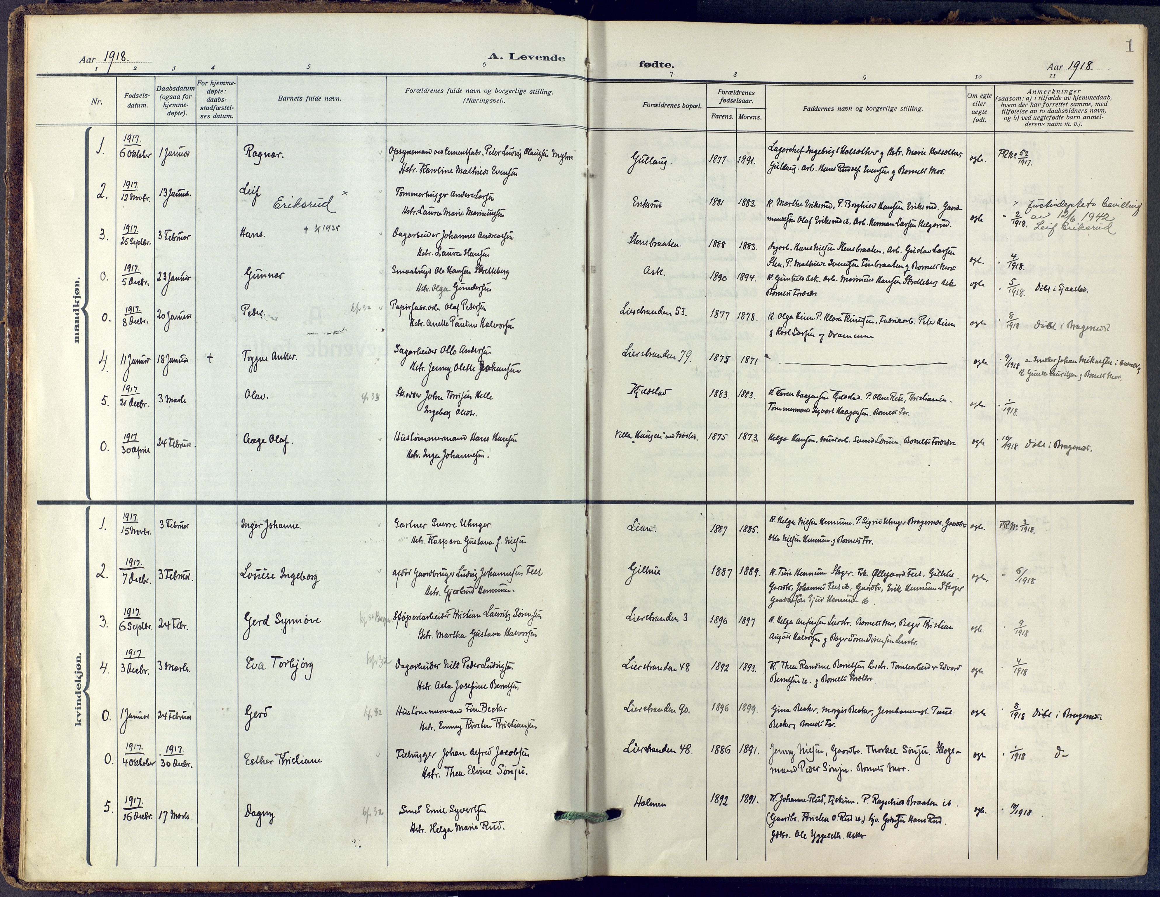Lier kirkebøker, SAKO/A-230/F/Fa/L0019: Parish register (official) no. I 19, 1918-1928, p. 1