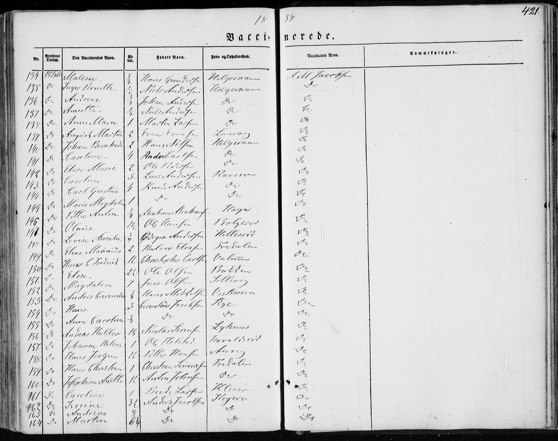 Brunlanes kirkebøker, AV/SAKO-A-342/F/Fa/L0004: Parish register (official) no. I 4, 1846-1862, p. 421