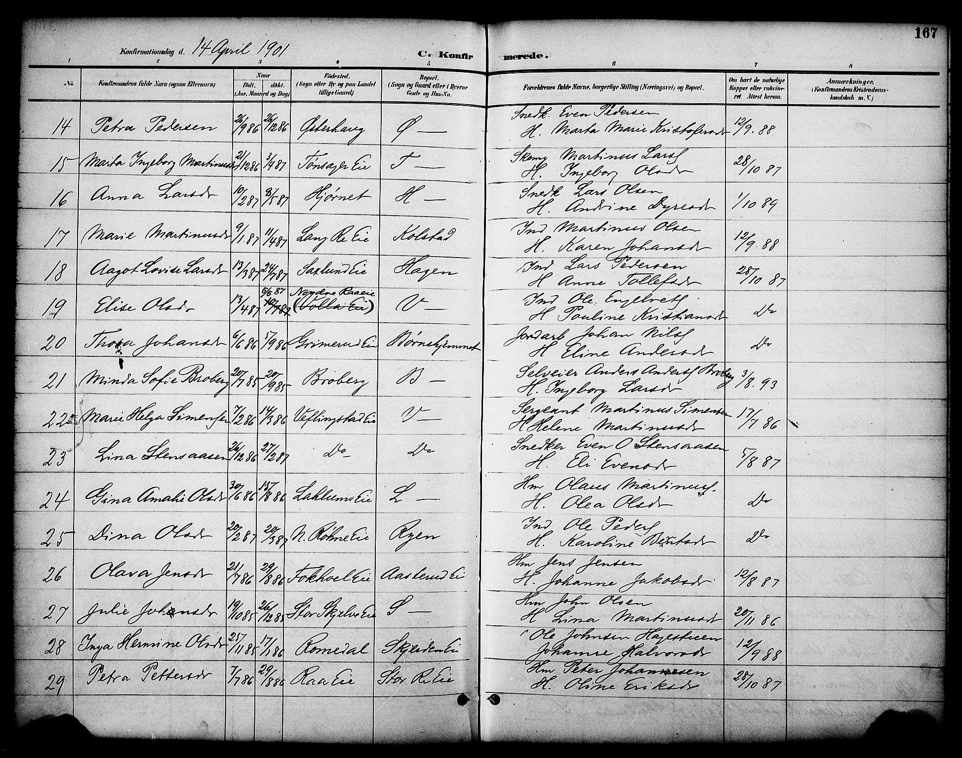 Stange prestekontor, AV/SAH-PREST-002/K/L0020: Parish register (official) no. 20, 1894-1905, p. 167