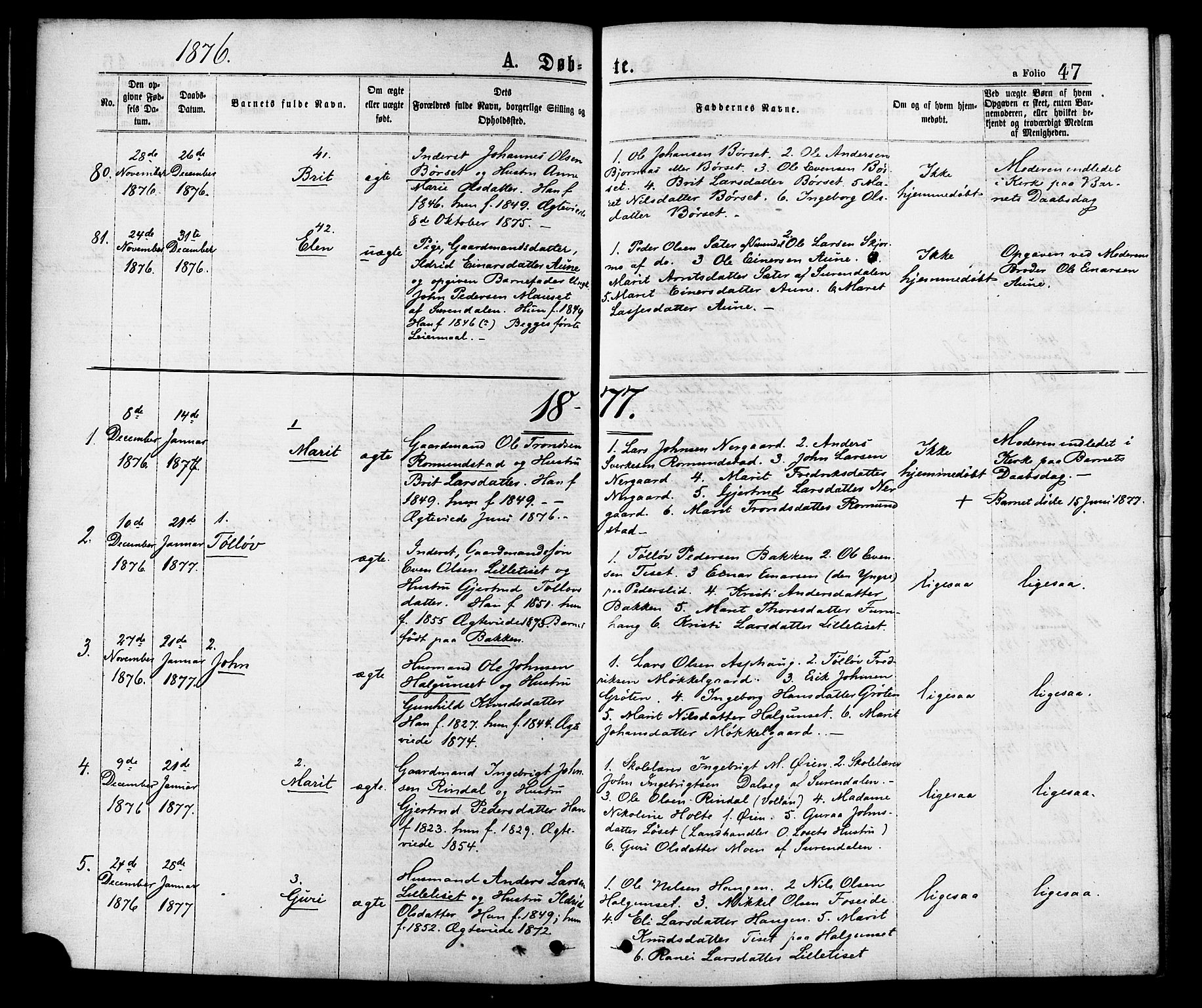 Ministerialprotokoller, klokkerbøker og fødselsregistre - Møre og Romsdal, AV/SAT-A-1454/598/L1068: Parish register (official) no. 598A02, 1872-1881, p. 47