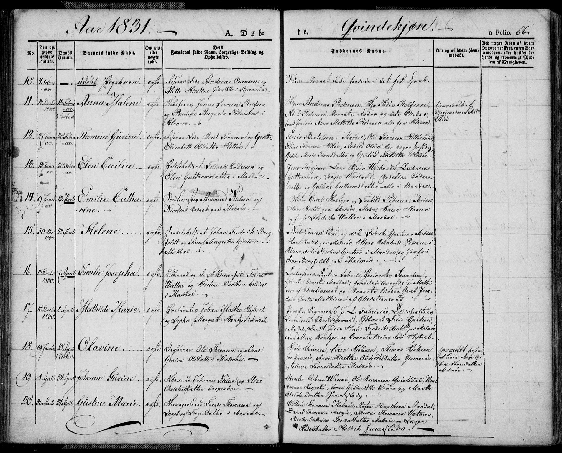 Mandal sokneprestkontor, SAK/1111-0030/F/Fa/Faa/L0011: Parish register (official) no. A 11, 1830-1839, p. 66