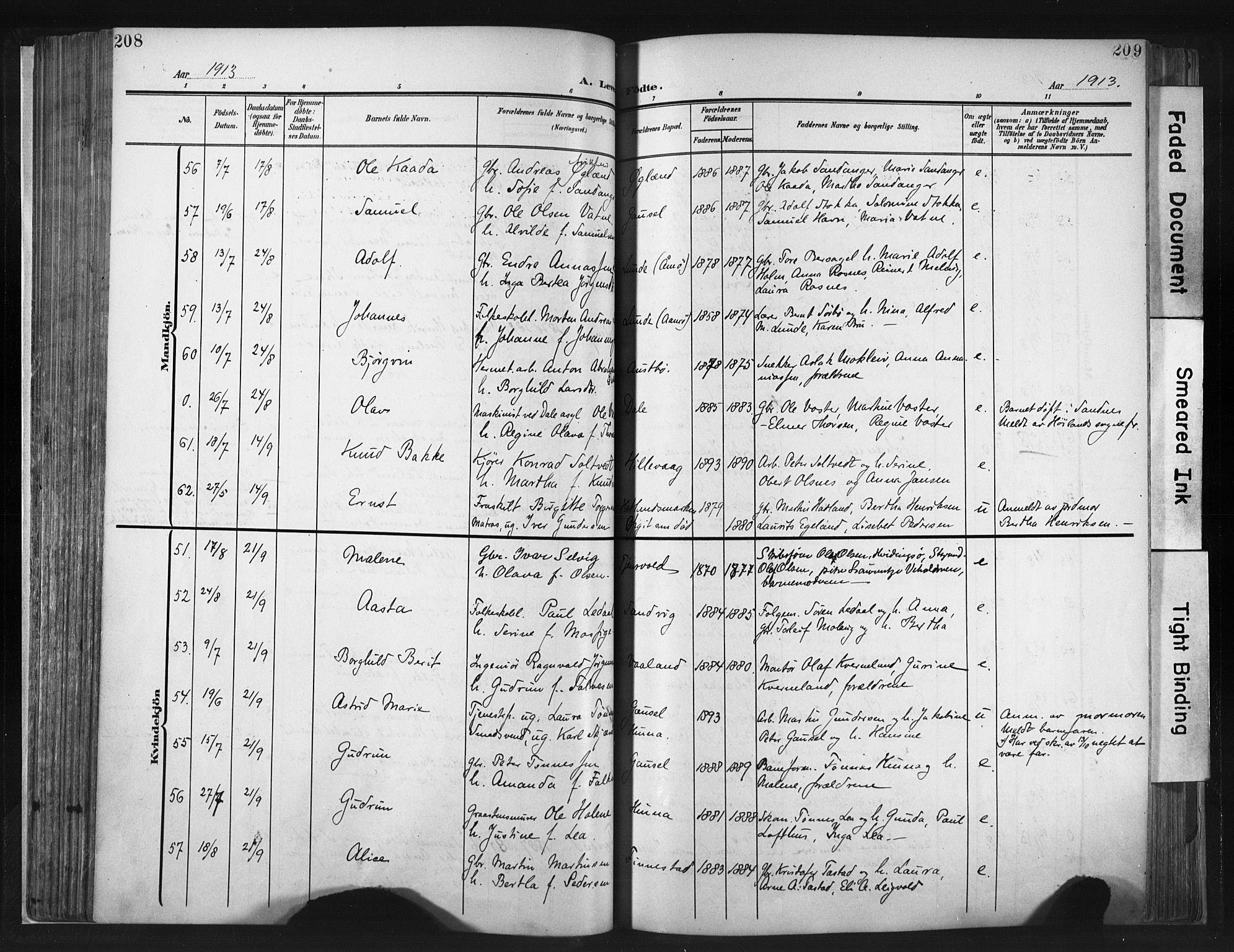 Hetland sokneprestkontor, AV/SAST-A-101826/30/30BA/L0013: Parish register (official) no. A 13, 1904-1918, p. 208-209