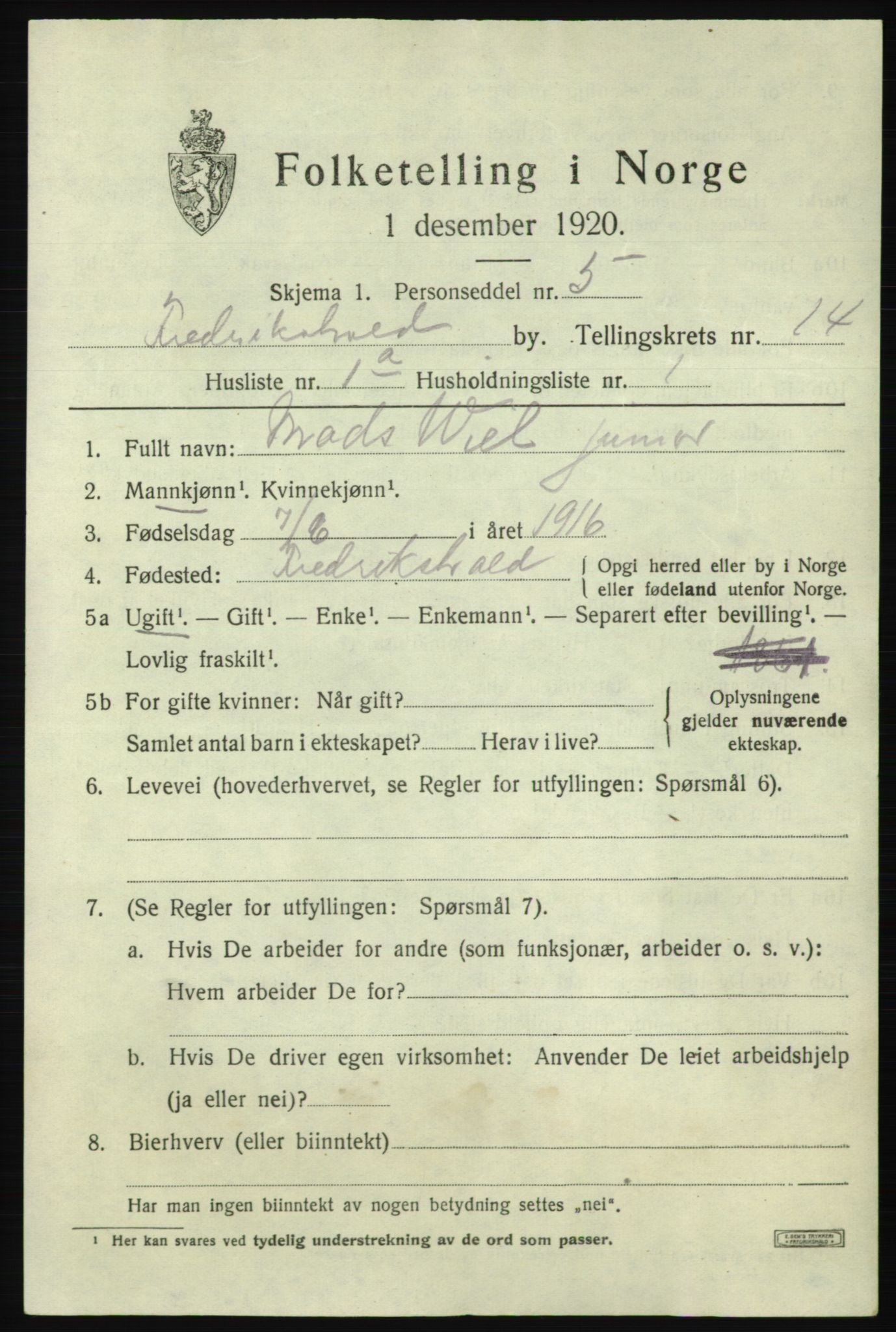 SAO, 1920 census for Fredrikshald, 1920, p. 22153