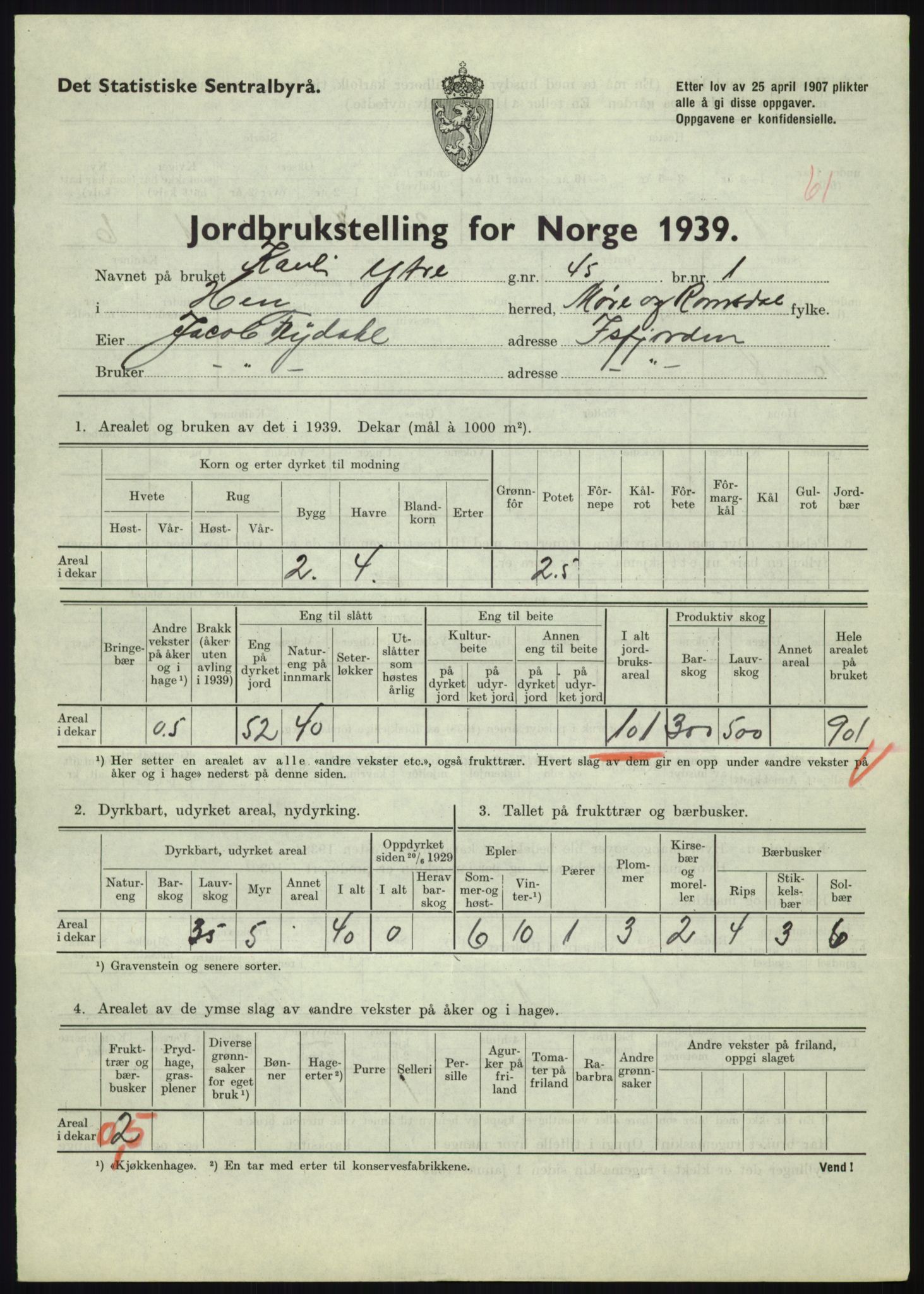 Statistisk sentralbyrå, Næringsøkonomiske emner, Jordbruk, skogbruk, jakt, fiske og fangst, AV/RA-S-2234/G/Gb/L0251: Møre og Romsdal: Voll, Eid, Grytten og Hen, 1939, p. 1405