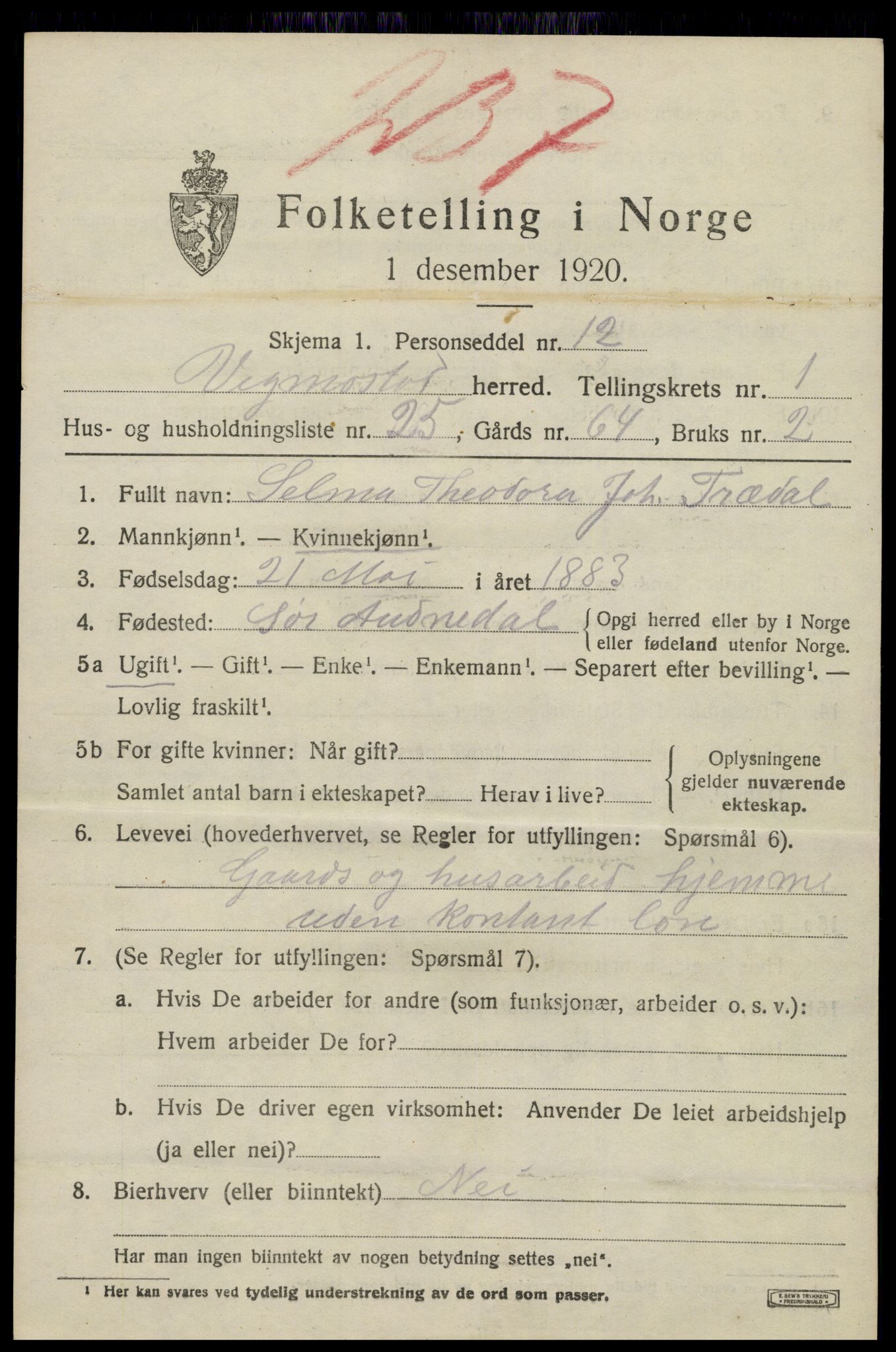 SAK, 1920 census for Vigmostad, 1920, p. 665