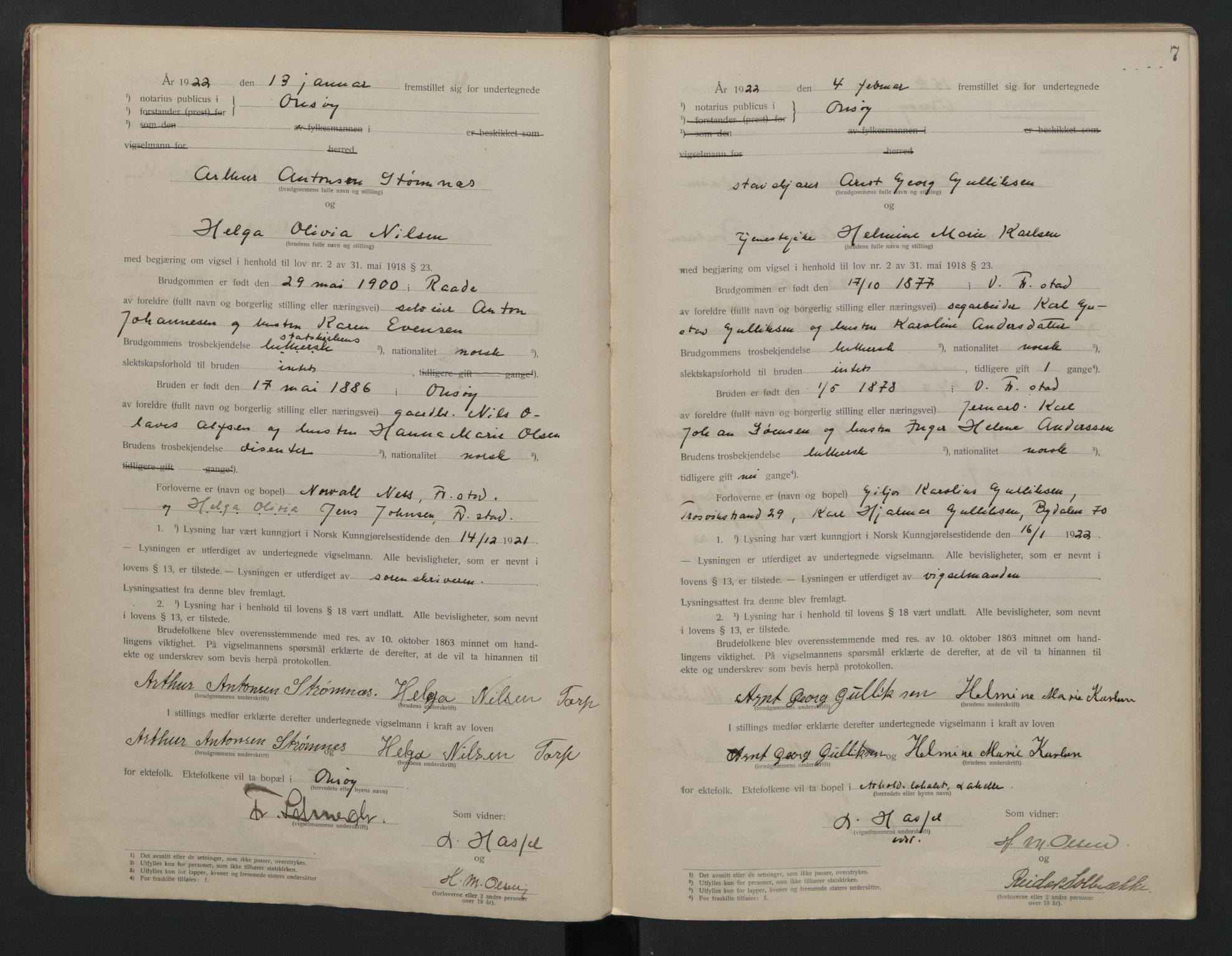 Onsøy sorenskriveri, AV/SAO-A-10474/L/La/L0001: Vigselsbok, 1920-1942, p. 7