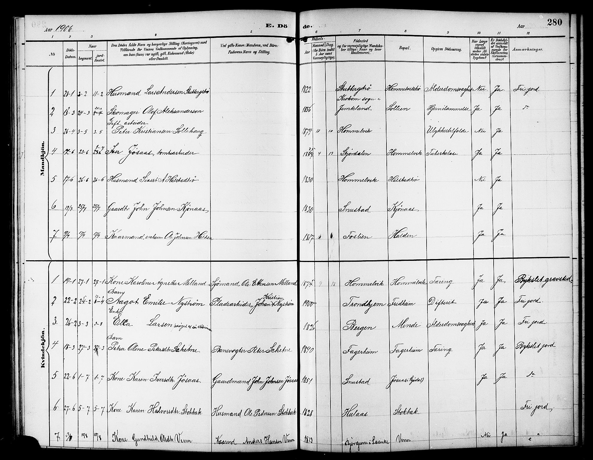 Ministerialprotokoller, klokkerbøker og fødselsregistre - Sør-Trøndelag, SAT/A-1456/617/L0431: Parish register (copy) no. 617C01, 1889-1910, p. 280