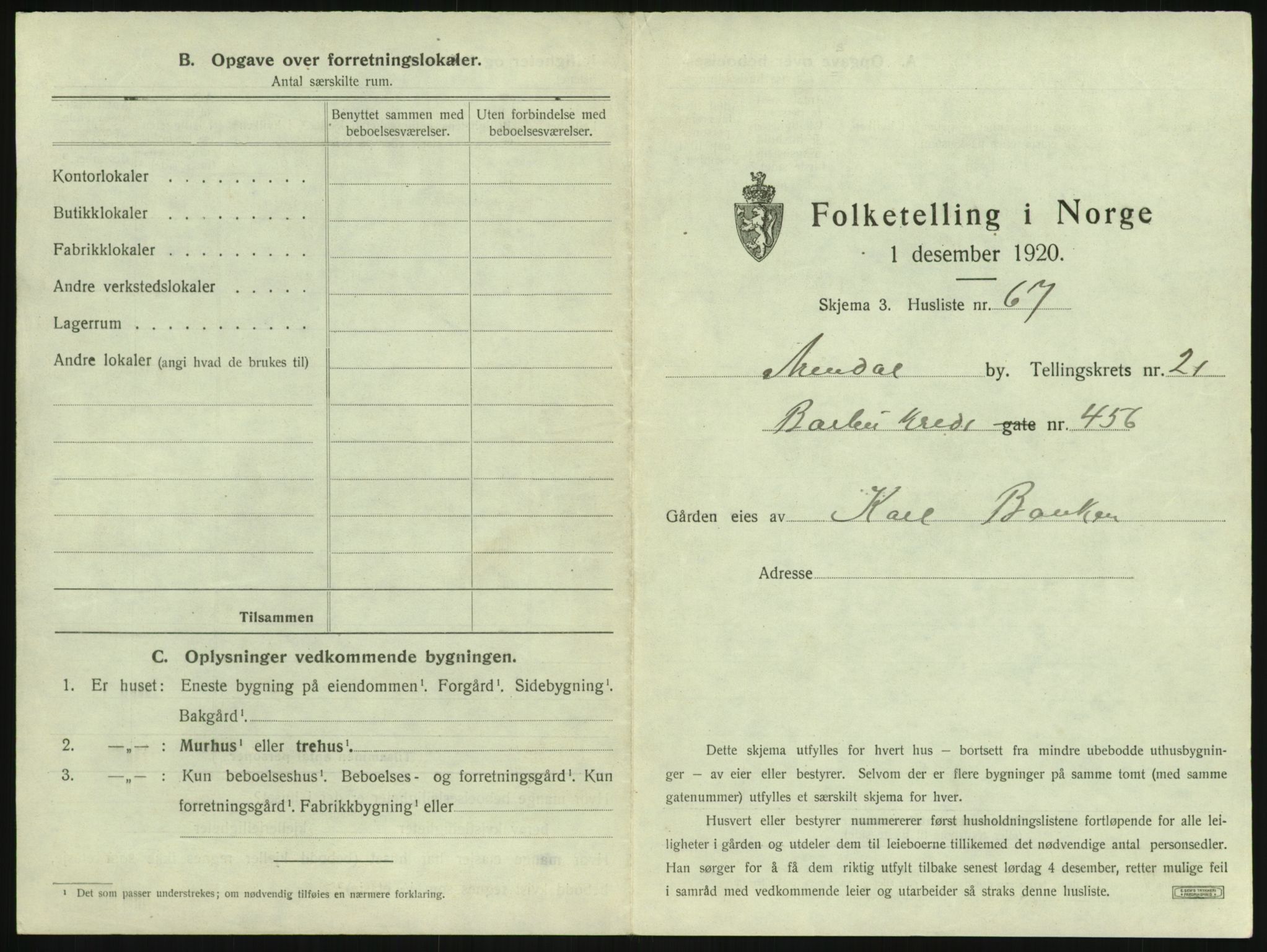 SAK, 1920 census for Arendal, 1920, p. 3362