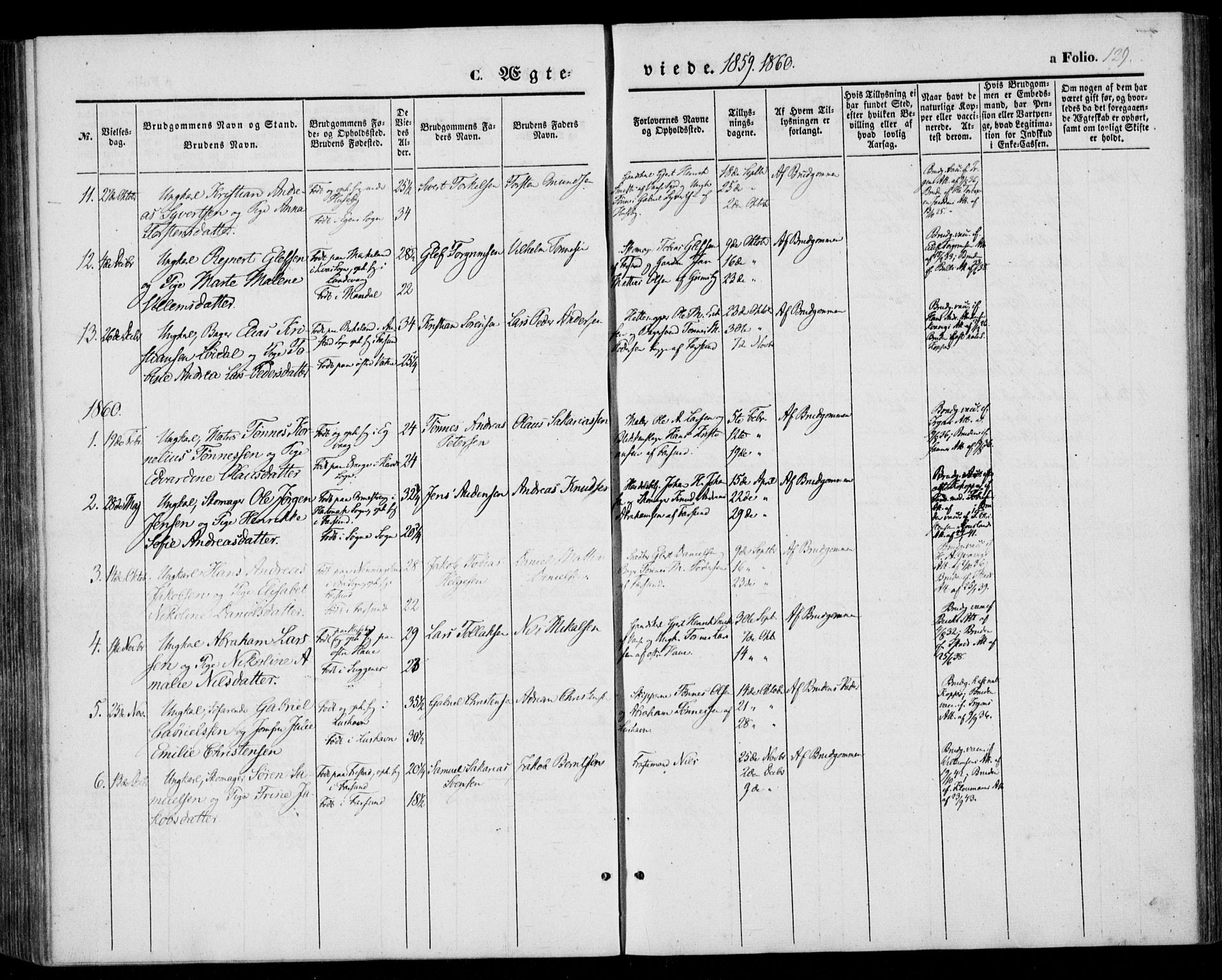 Farsund sokneprestkontor, AV/SAK-1111-0009/F/Fa/L0004: Parish register (official) no. A 4, 1847-1863, p. 129