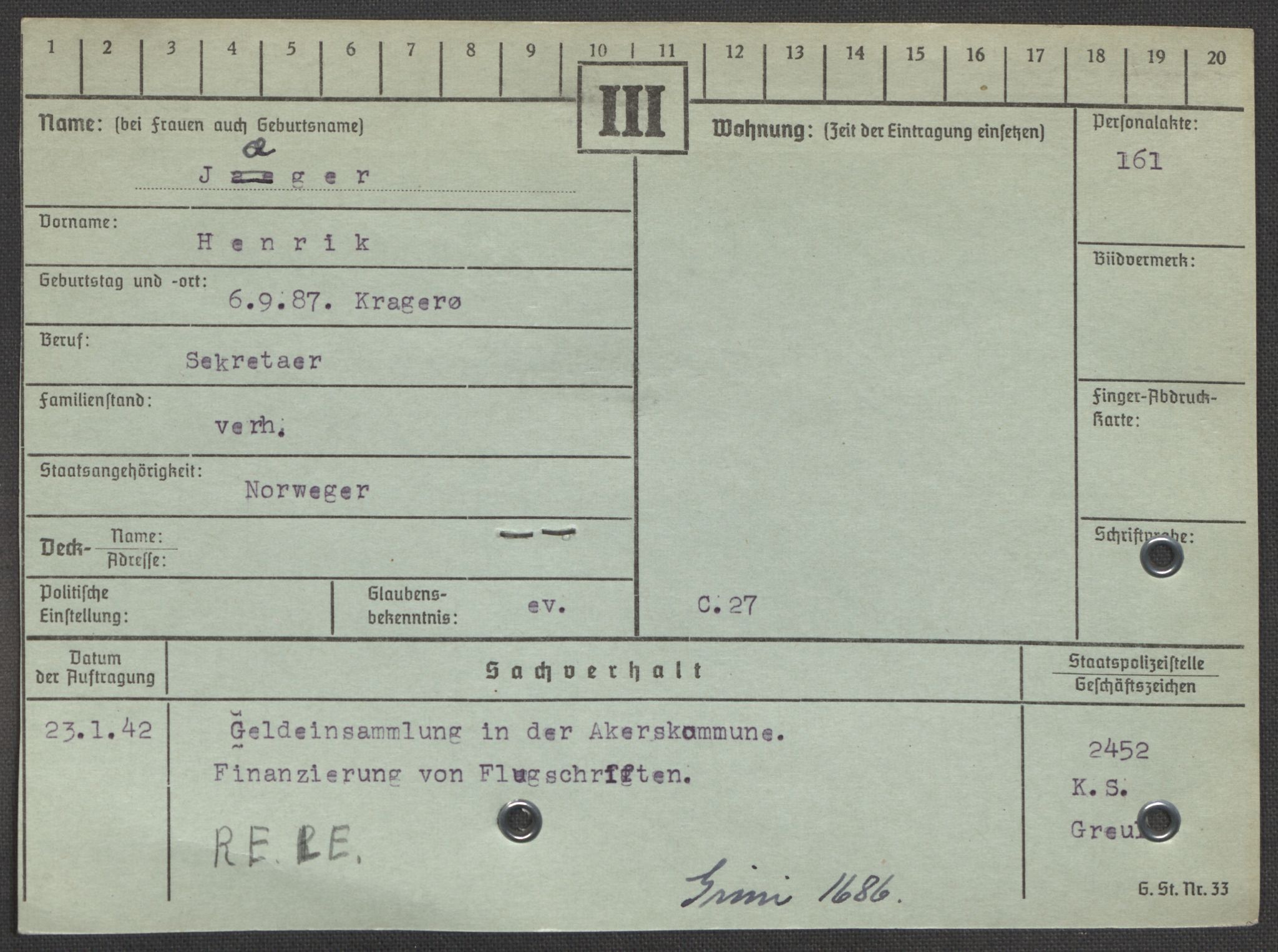 Befehlshaber der Sicherheitspolizei und des SD, AV/RA-RAFA-5969/E/Ea/Eaa/L0005: Register over norske fanger i Møllergata 19: Hø-Kj, 1940-1945, p. 1075