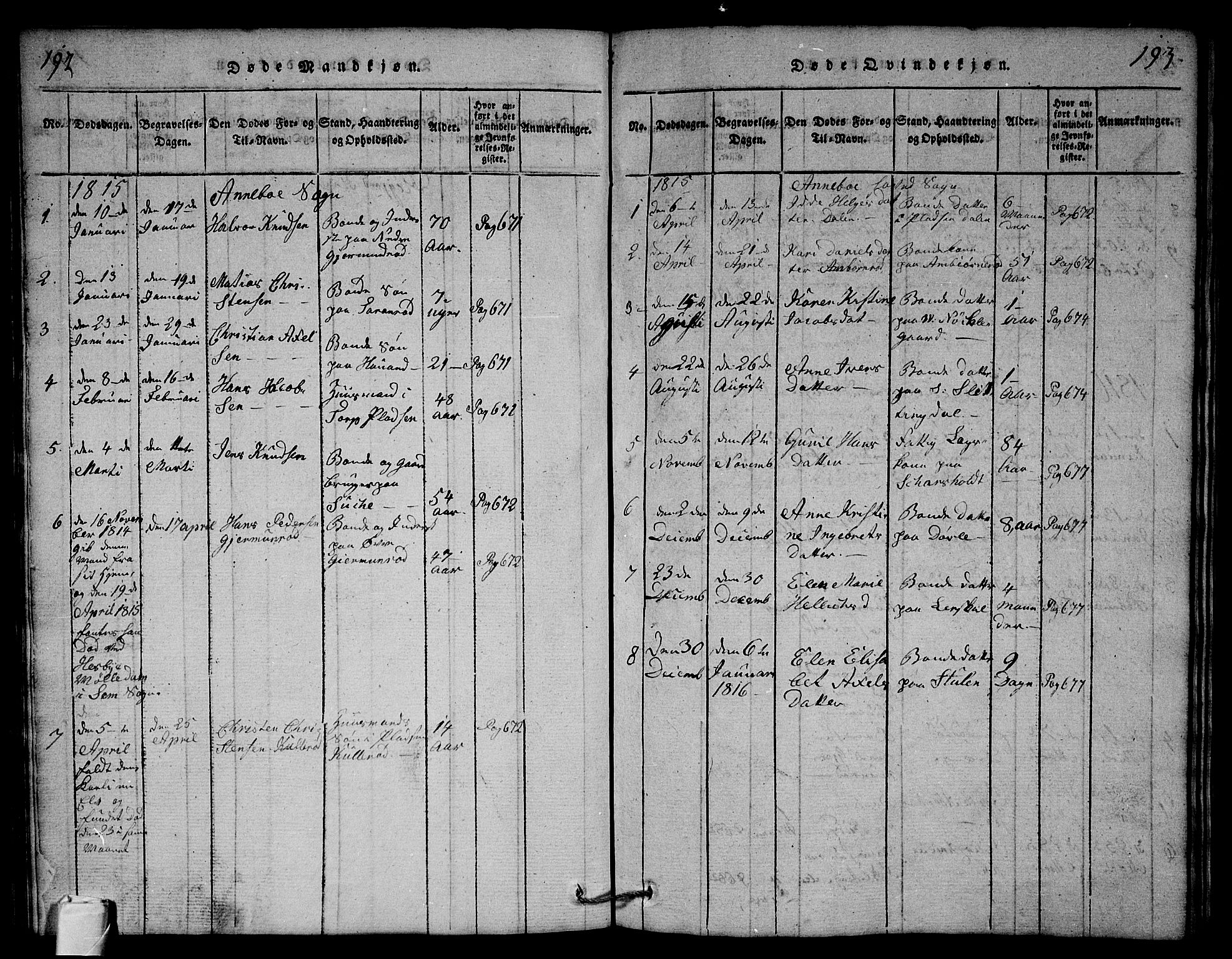 Andebu kirkebøker, SAKO/A-336/G/Ga/L0001: Parish register (copy) no. I 1 /1, 1815-1823, p. 192-193