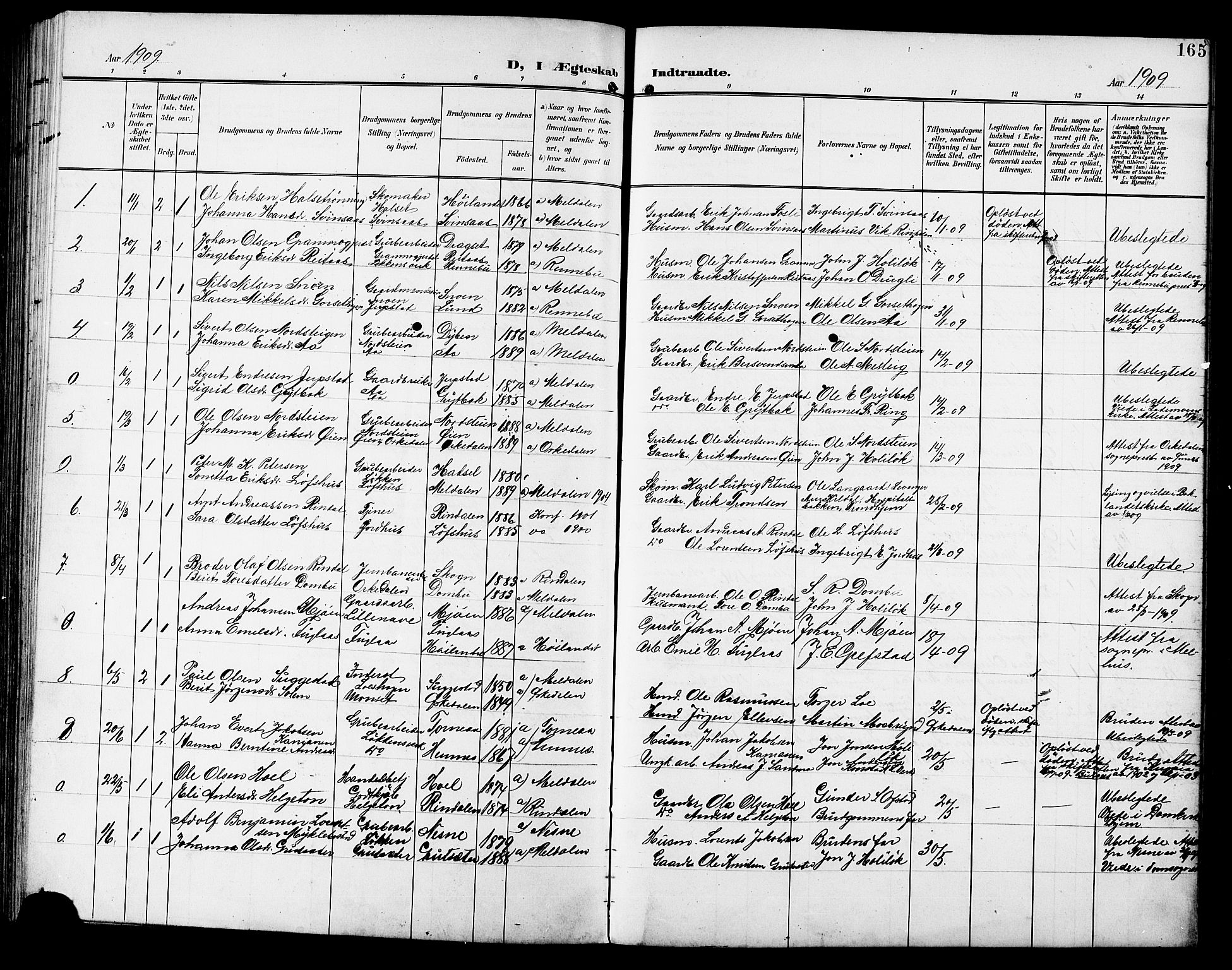 Ministerialprotokoller, klokkerbøker og fødselsregistre - Sør-Trøndelag, SAT/A-1456/672/L0864: Parish register (copy) no. 672C03, 1902-1914, p. 165