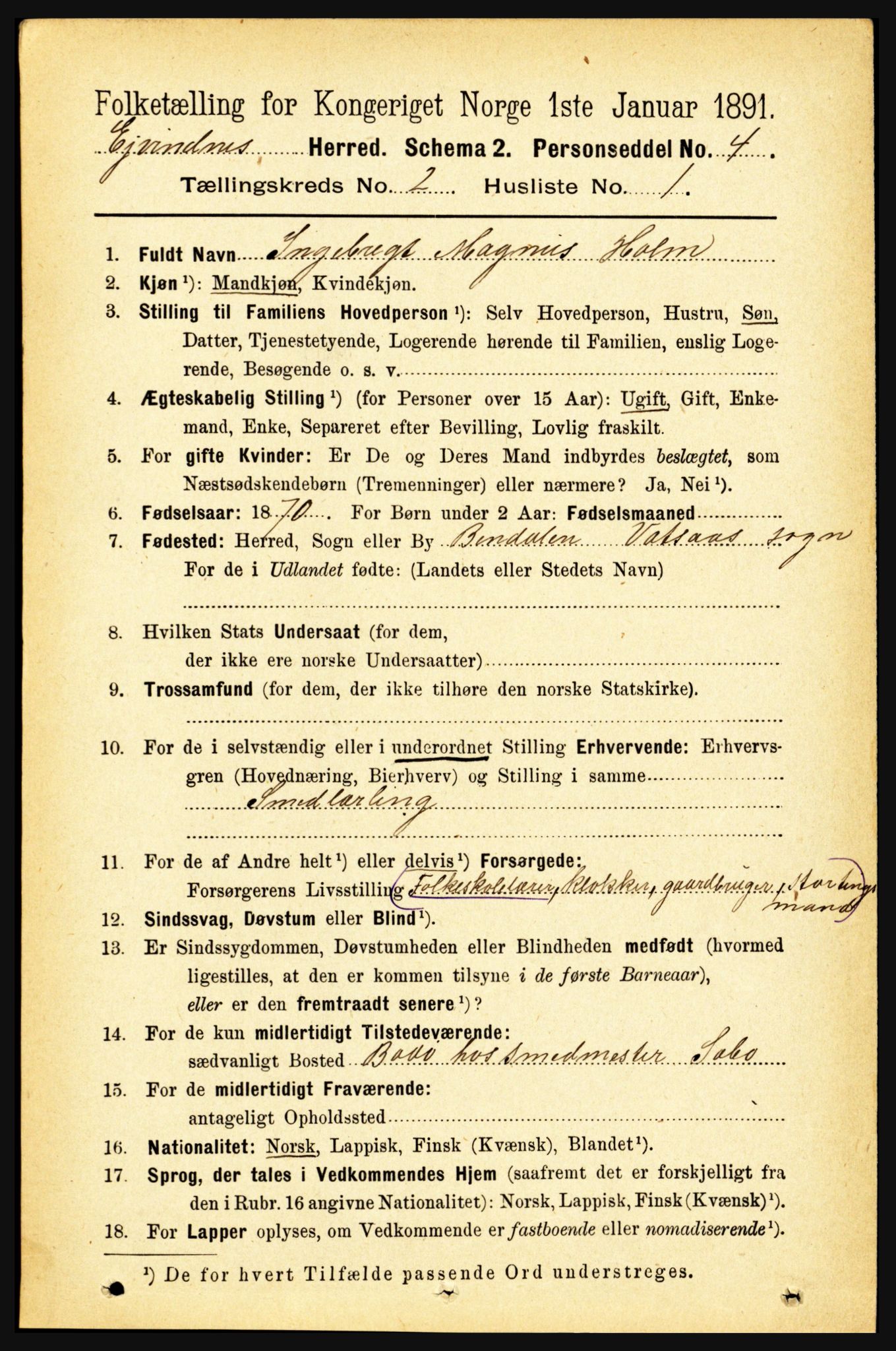 RA, 1891 census for 1853 Evenes, 1891, p. 427