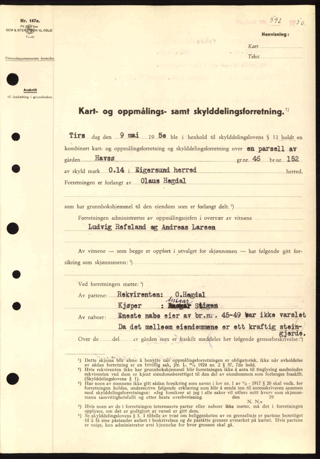 Dalane sorenskriveri, SAST/A-100309/02/G/Gb/L0055: Mortgage book no. A15, 1950-1950, Diary no: : 592/1950