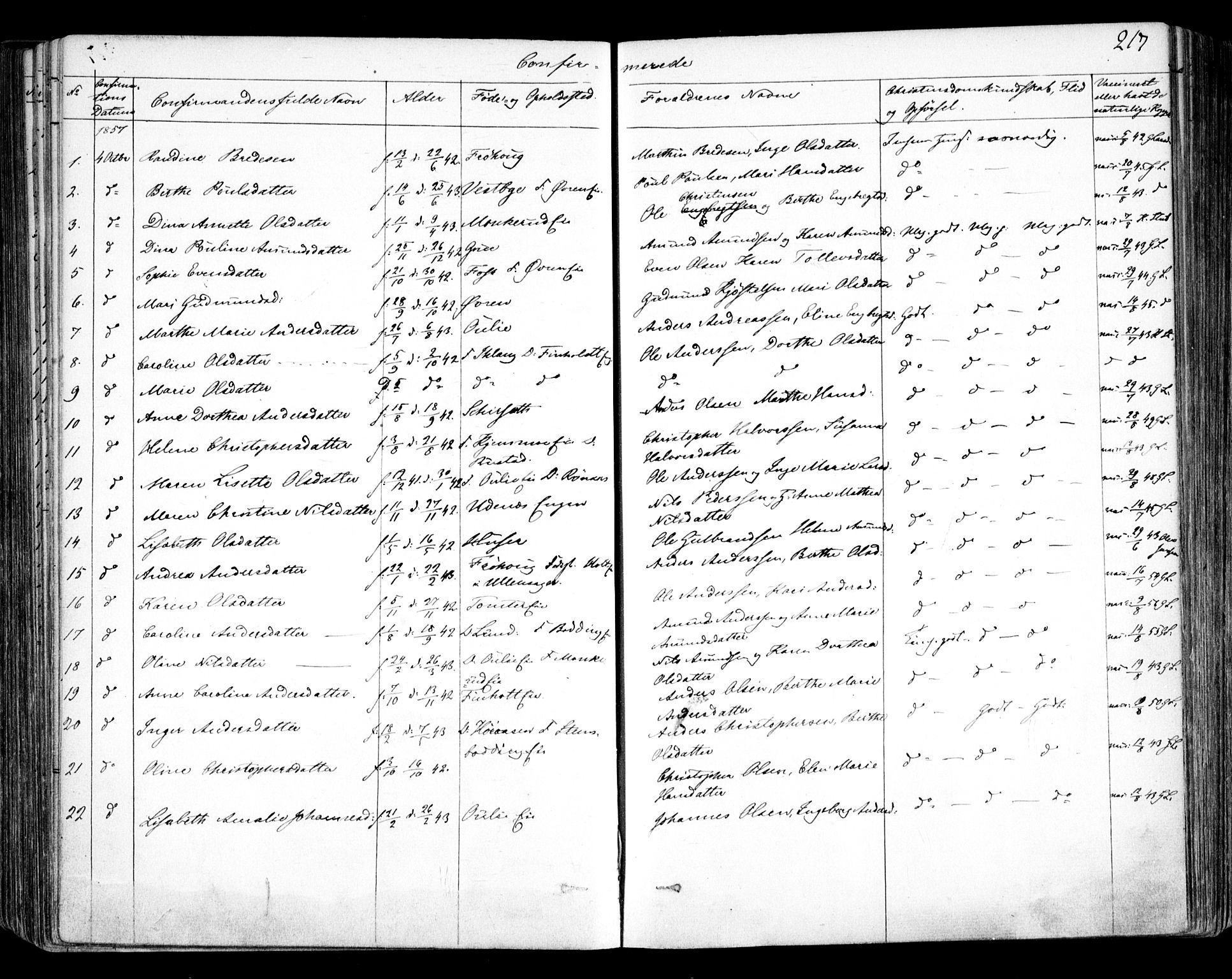 Nes prestekontor Kirkebøker, AV/SAO-A-10410/F/Fa/L0007: Parish register (official) no. I 7, 1846-1858, p. 217