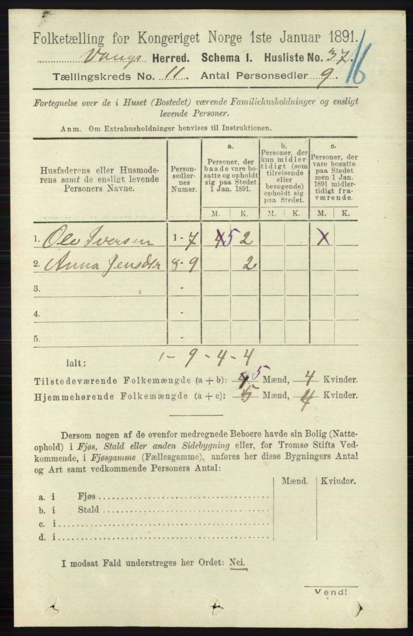 RA, 1891 census for 0545 Vang, 1891, p. 2391