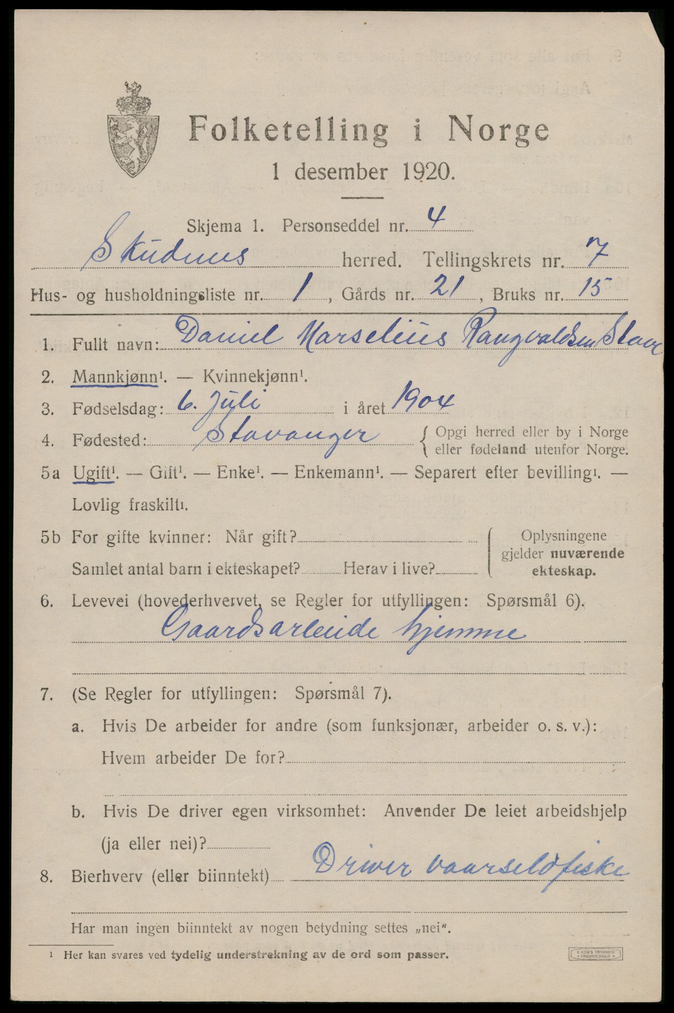 SAST, 1920 census for Skudenes, 1920, p. 5526