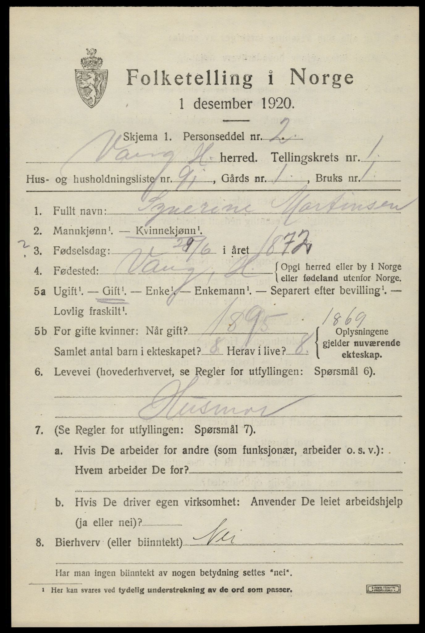 SAH, 1920 census for Vang (Hedmark), 1920, p. 4211