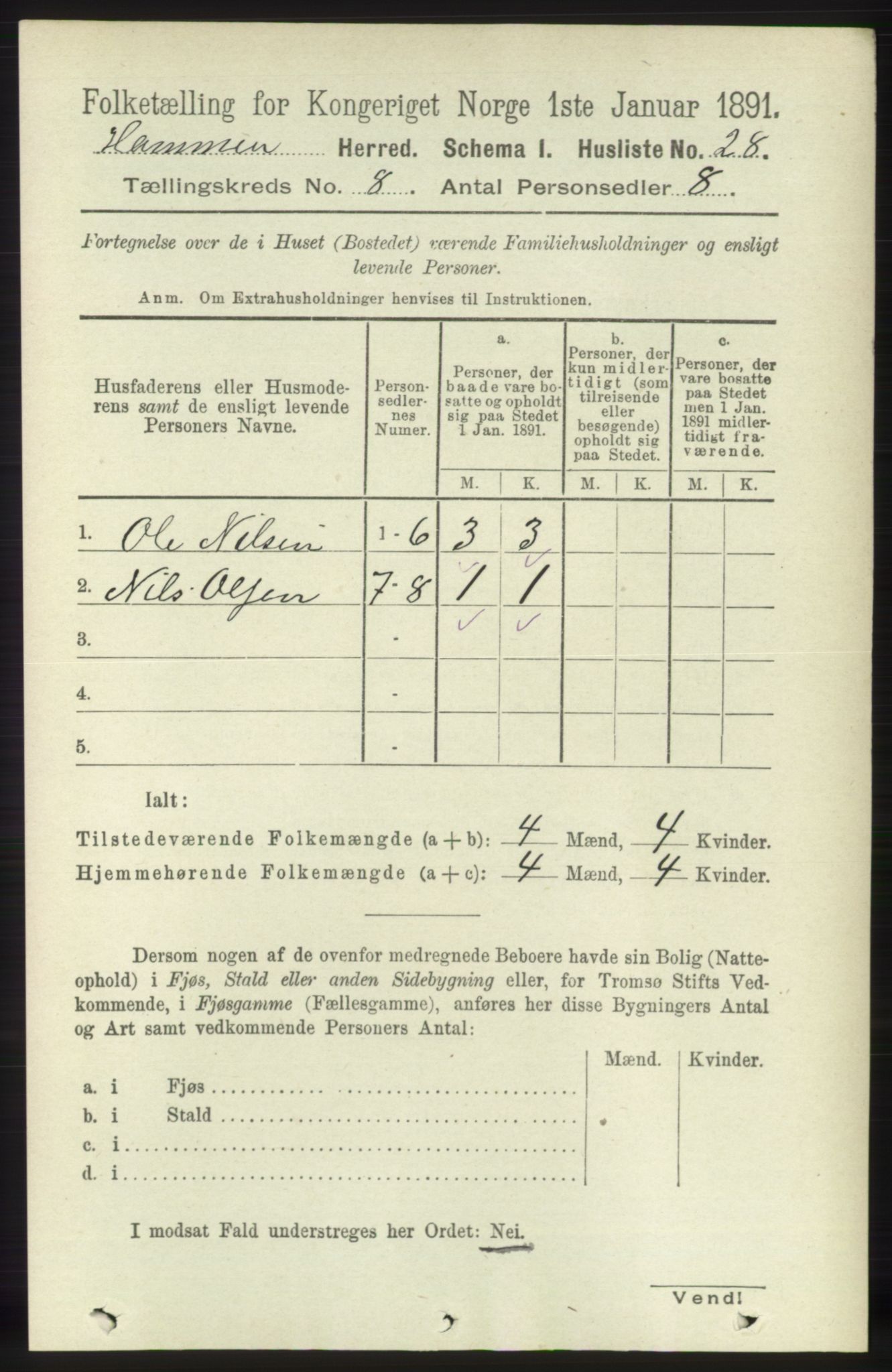 RA, 1891 census for 1254 Hamre, 1891, p. 1991