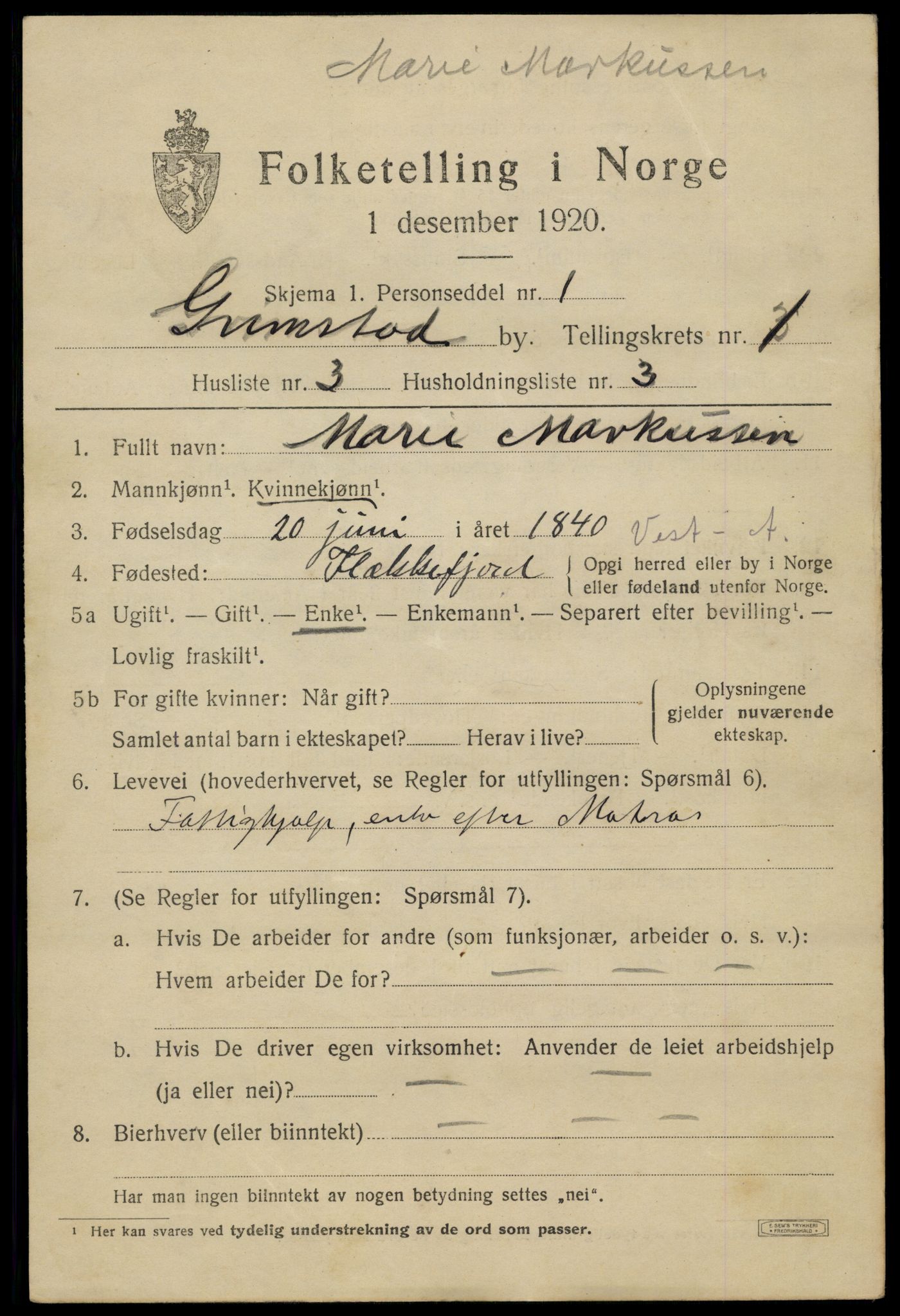 SAK, 1920 census for Grimstad, 1920, p. 2335