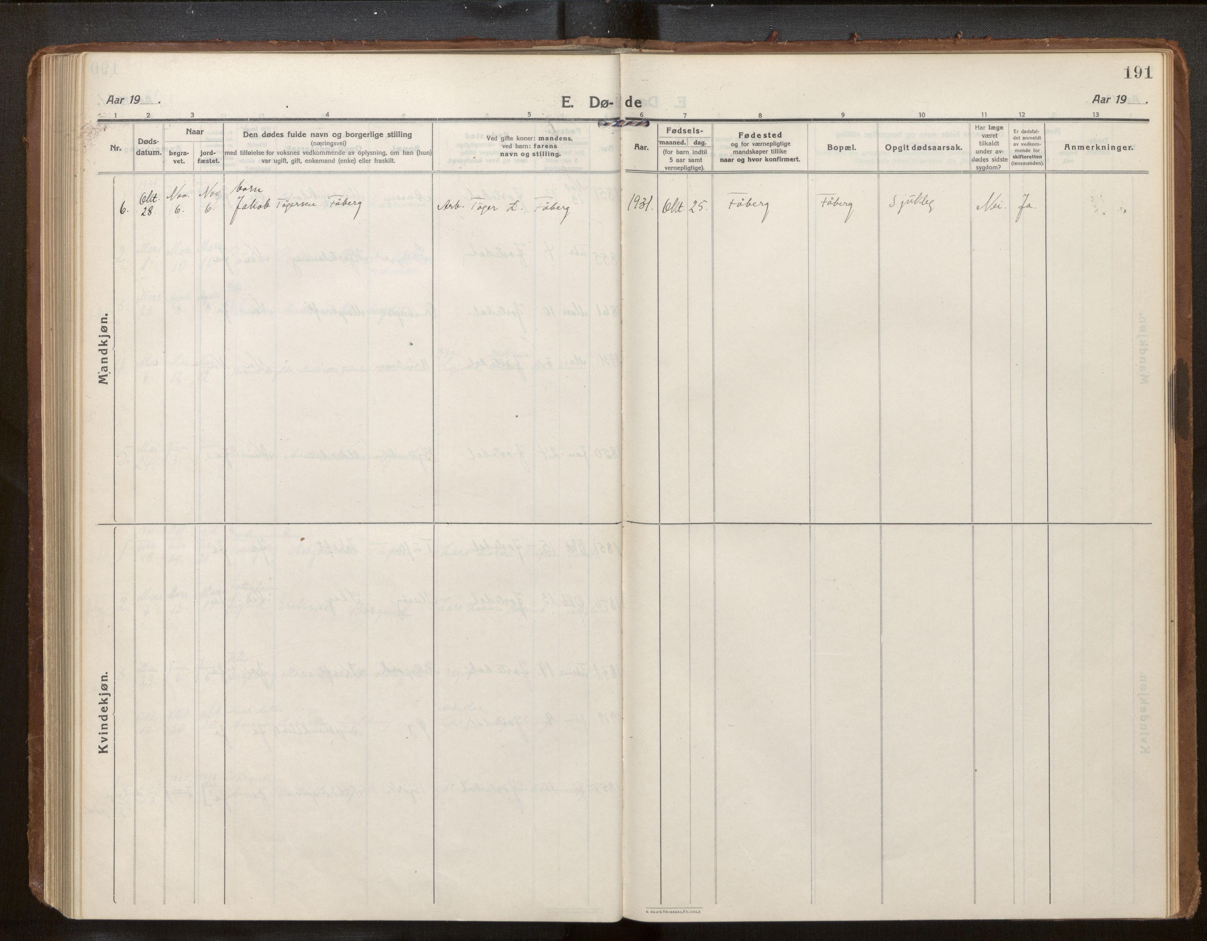 Jostedal sokneprestembete, SAB/A-80601/H/Haa/Haab/L0002: Parish register (official) no. B 2, 1915-1931, p. 191