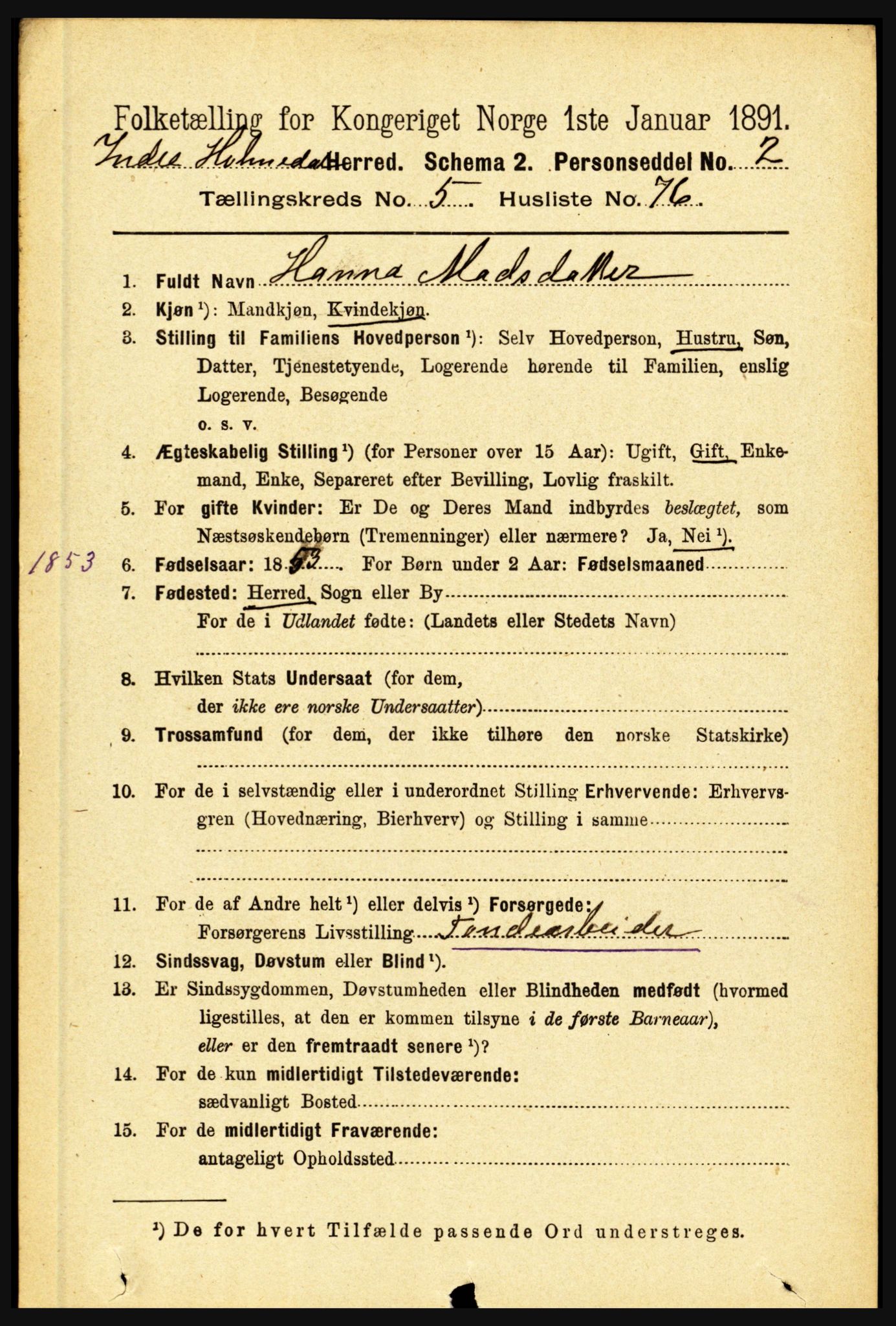 RA, 1891 census for 1430 Indre Holmedal, 1891, p. 2386