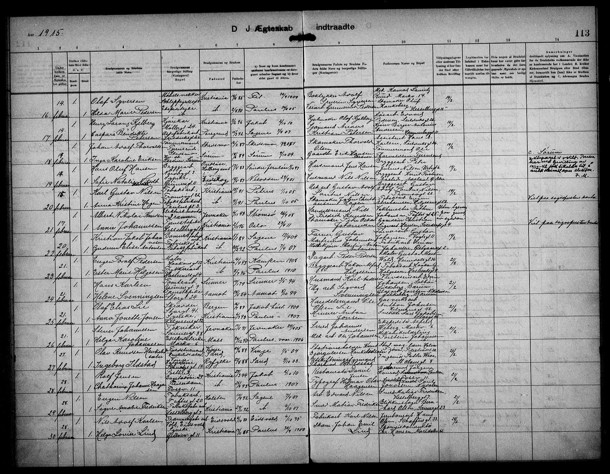 Paulus prestekontor Kirkebøker, AV/SAO-A-10871/F/Fa/L0017: Parish register (official) no. 17, 1906-1917, p. 113
